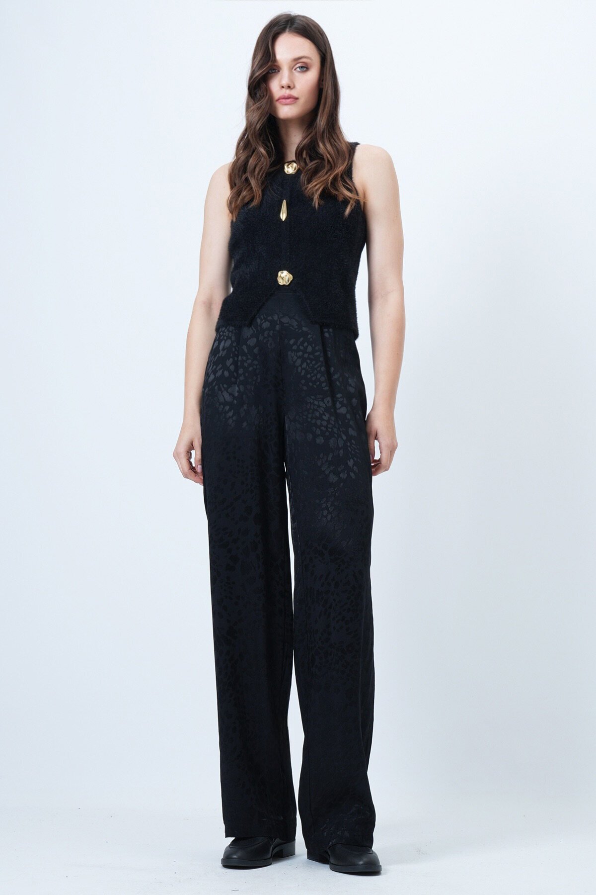 Desenli Fermuar Kapamalı Çift Cepli Palazzo Pantolon