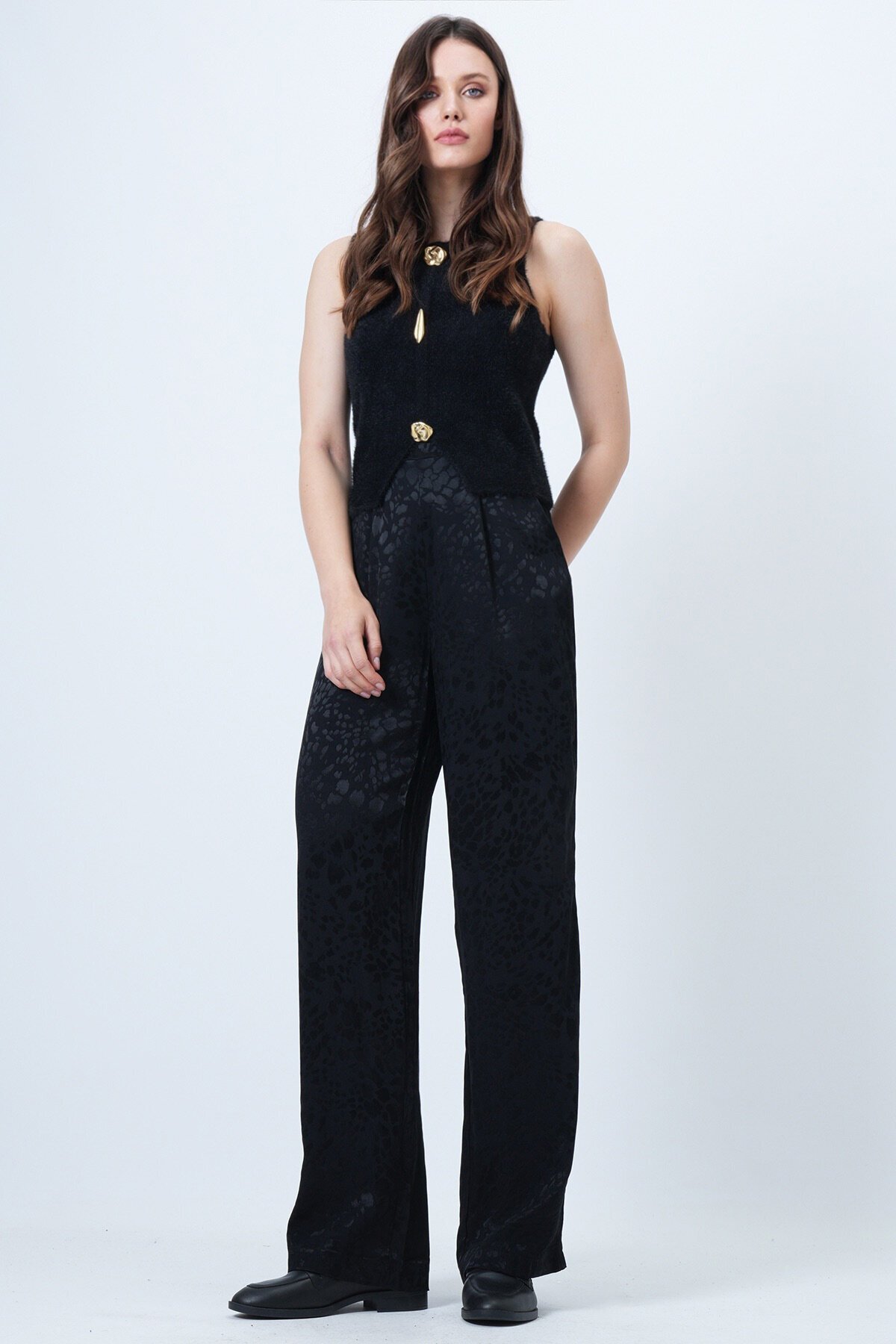 Desenli Fermuar Kapamalı Çift Cepli Palazzo Pantolon