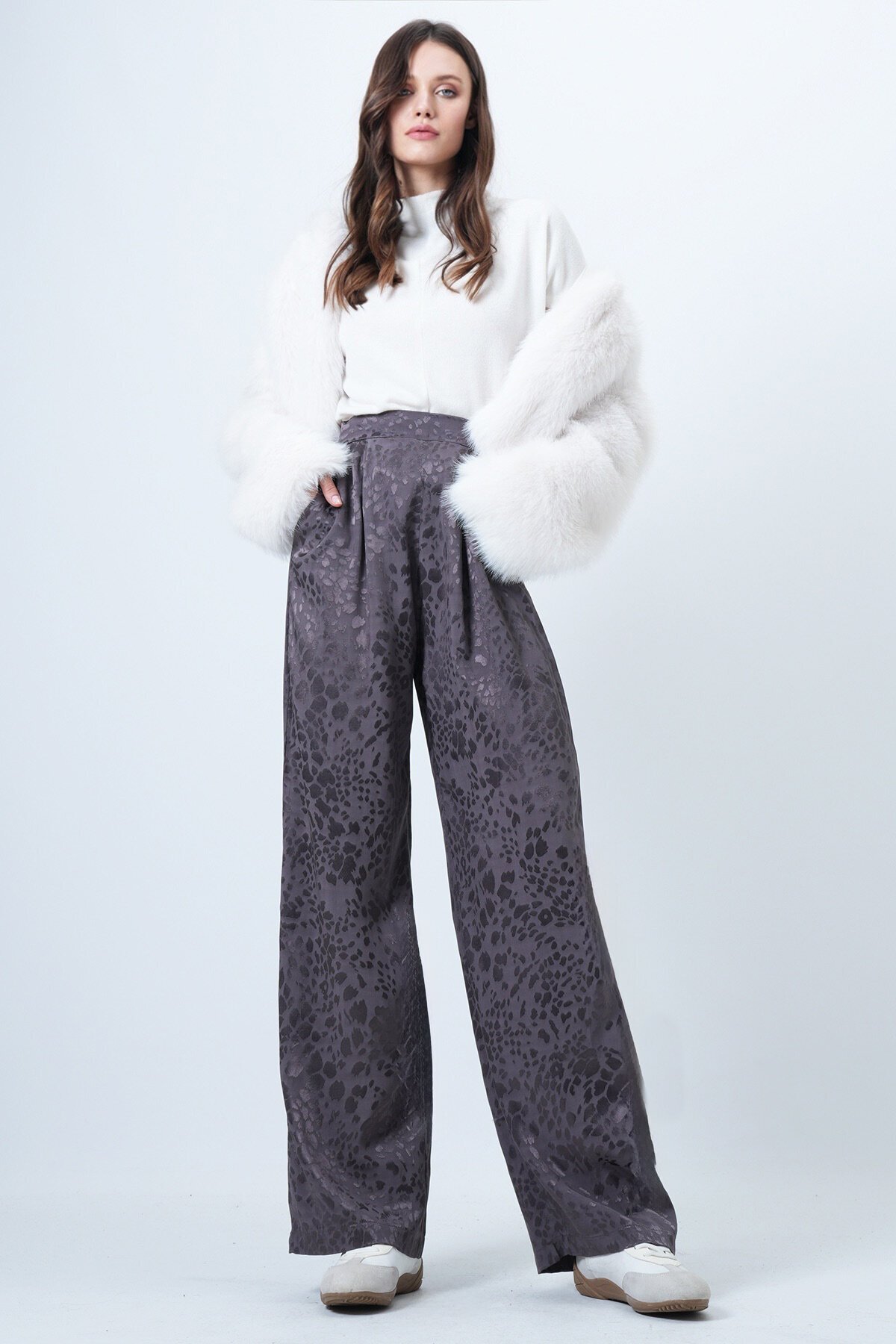 Desenli Fermuar Kapamalı Çift Cepli Palazzo Pantolon