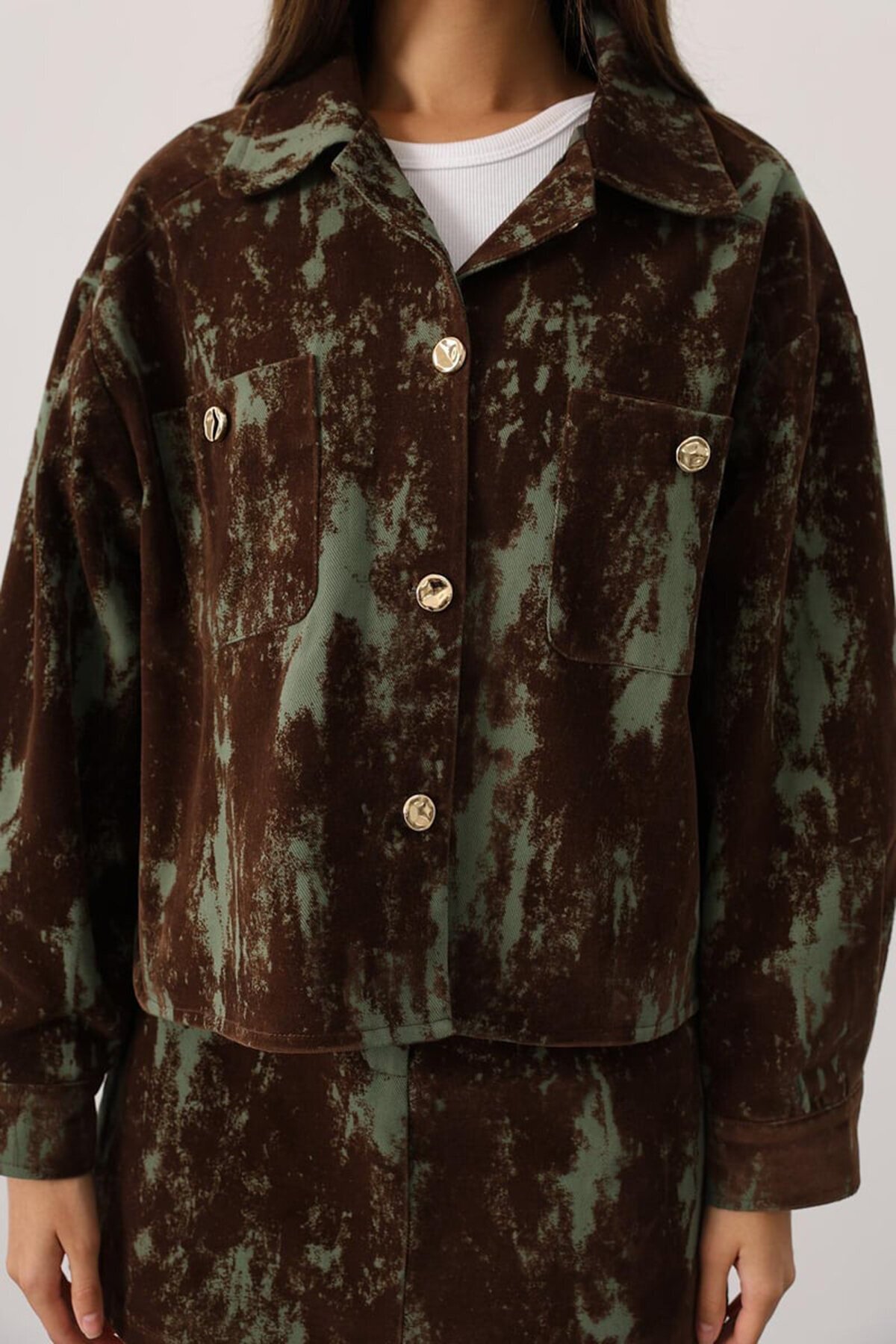 Desenli Süet Dokulu Ceket ve Etek Takım