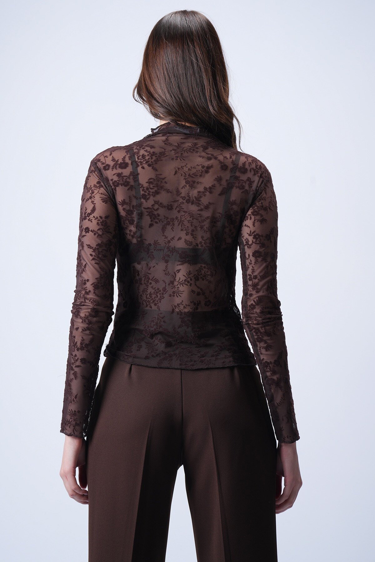 Kahverengi Dik Yaka Danteli Bluz