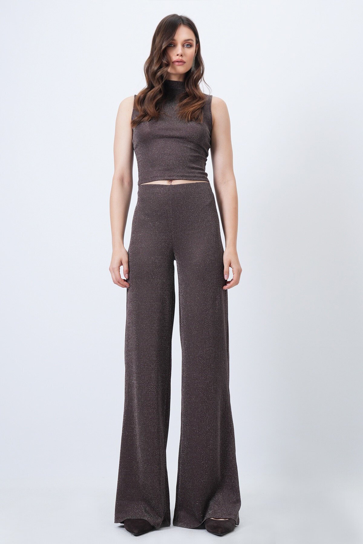 Dik Yaka Kolsuz Bluz ve Palazzo Pantolon Simli Takım