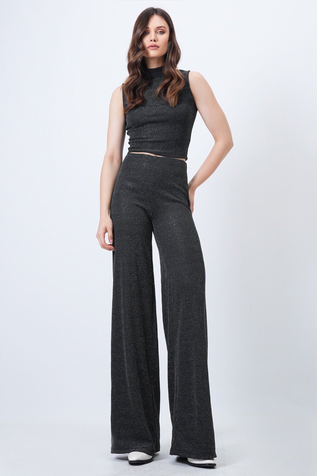 Dik Yaka Kolsuz Bluz ve Palazzo Pantolon Simli Takım