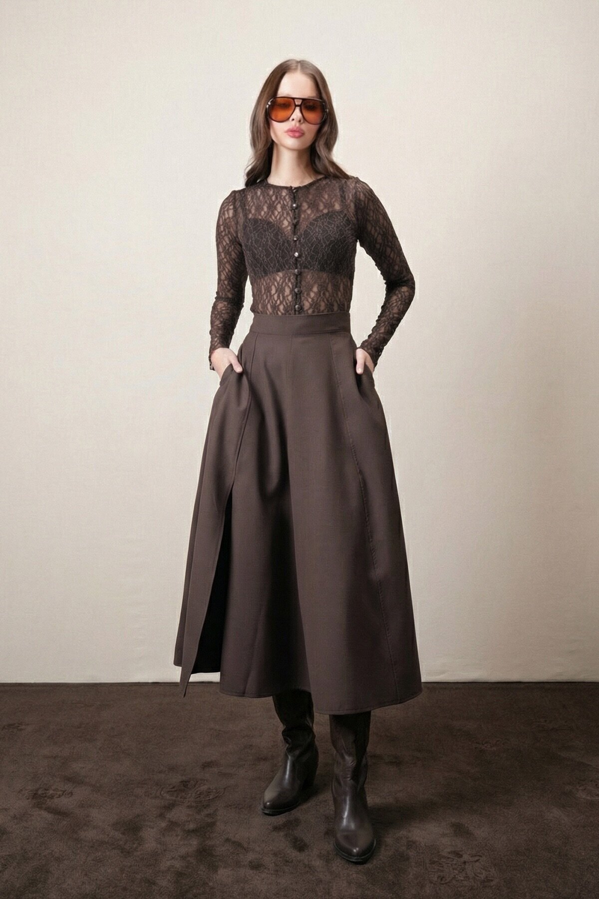 Kahverengi Dokulu Maxi Etek