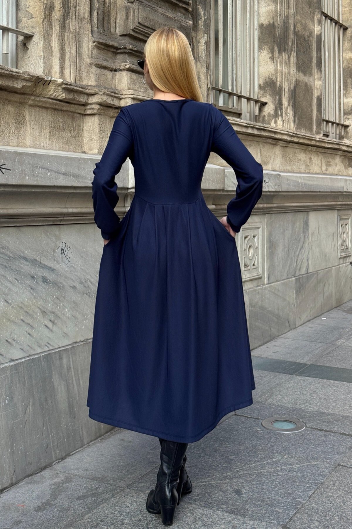 Düğme Detaylı Yuvarlak Yaka Pileli Ottoman Elbise