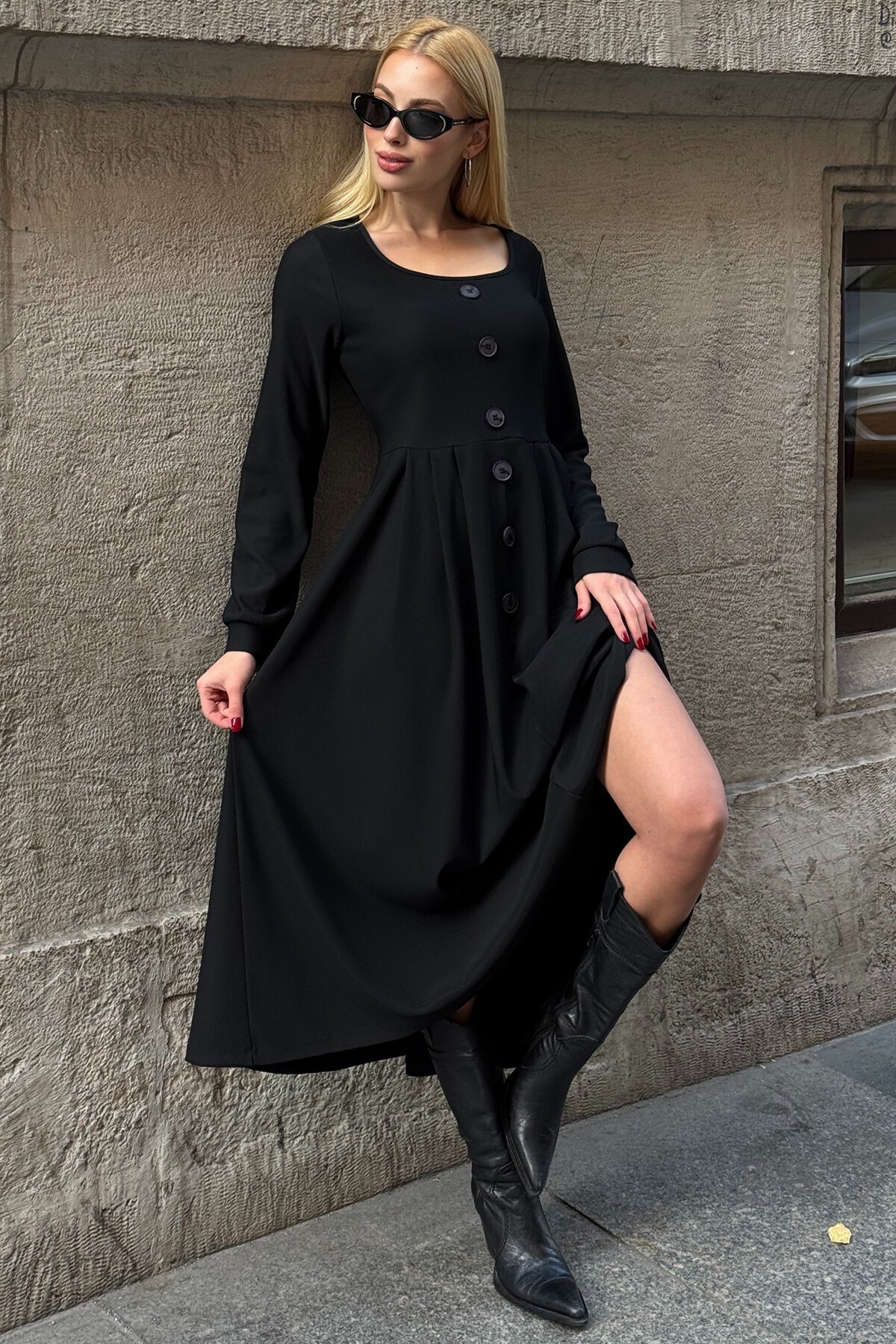 Düğme Detaylı Yuvarlak Yaka Pileli Ottoman Elbise