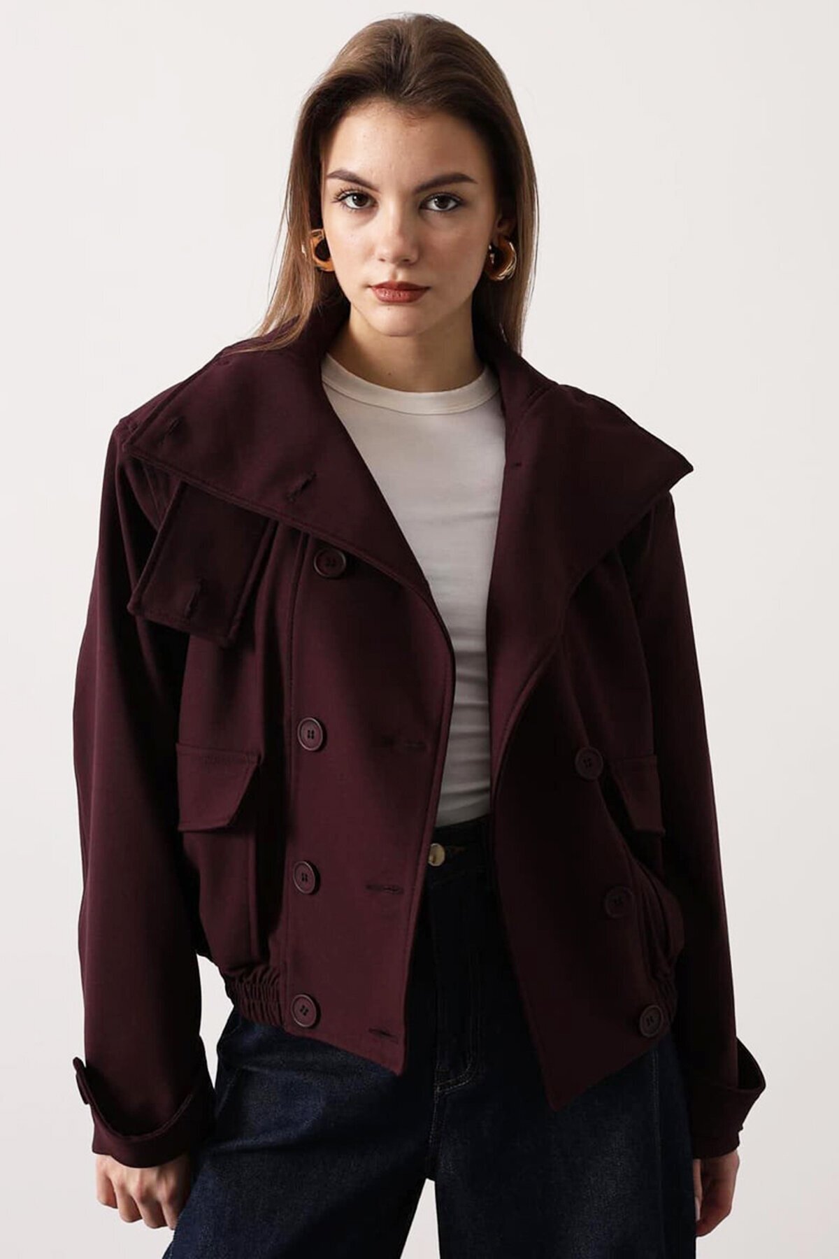 Düğme Kapamalı Çift Cepli Astarlı Bomber Ceket