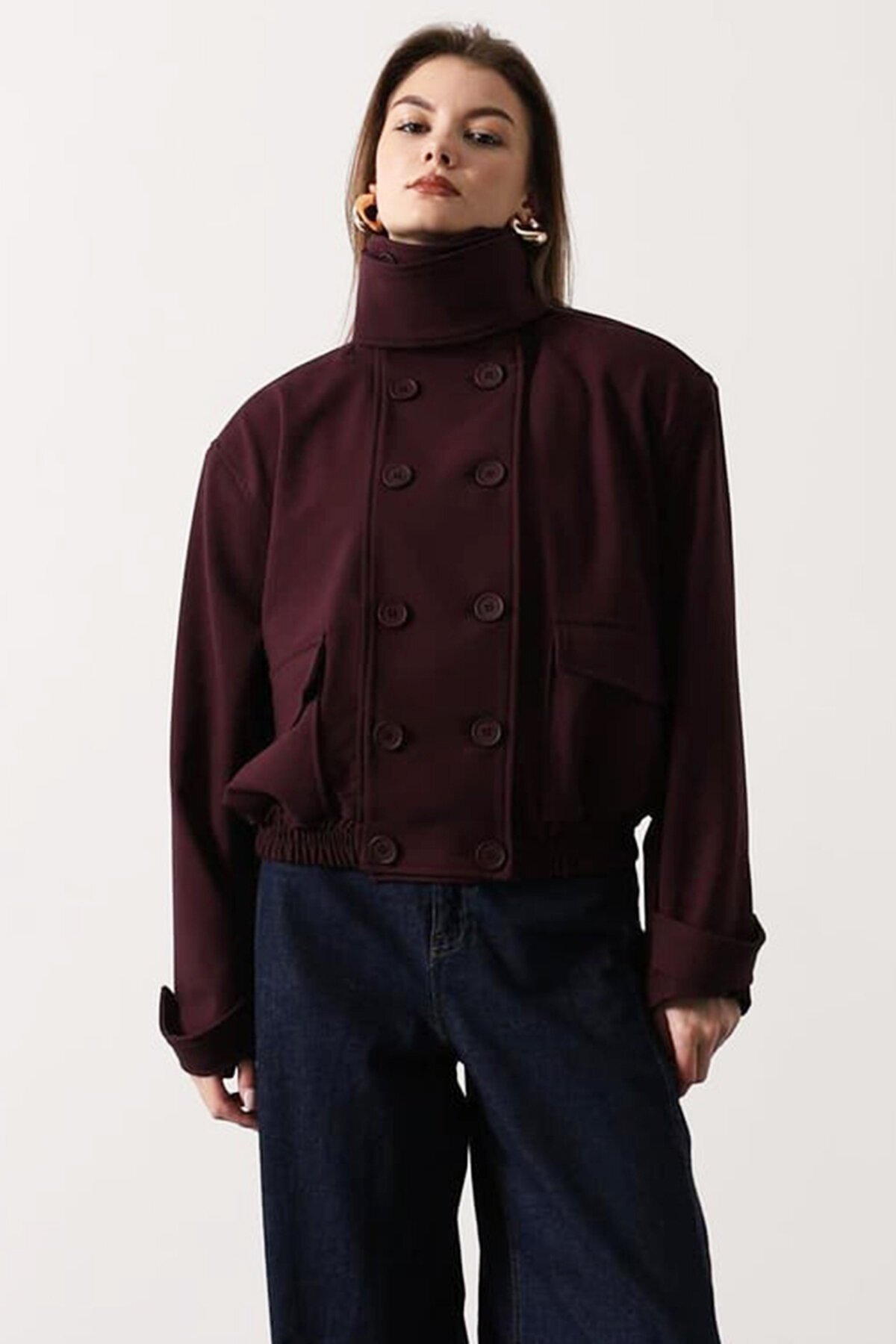 Düğme Kapamalı Çift Cepli Astarlı Bomber Ceket