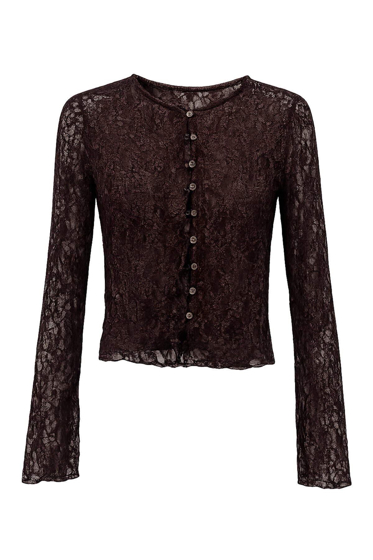 Kahverengi Düğmeli Dantel Bluz