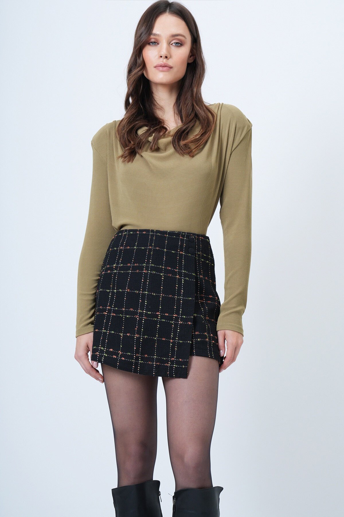 Ekose Desenli Tweed Şort Etek