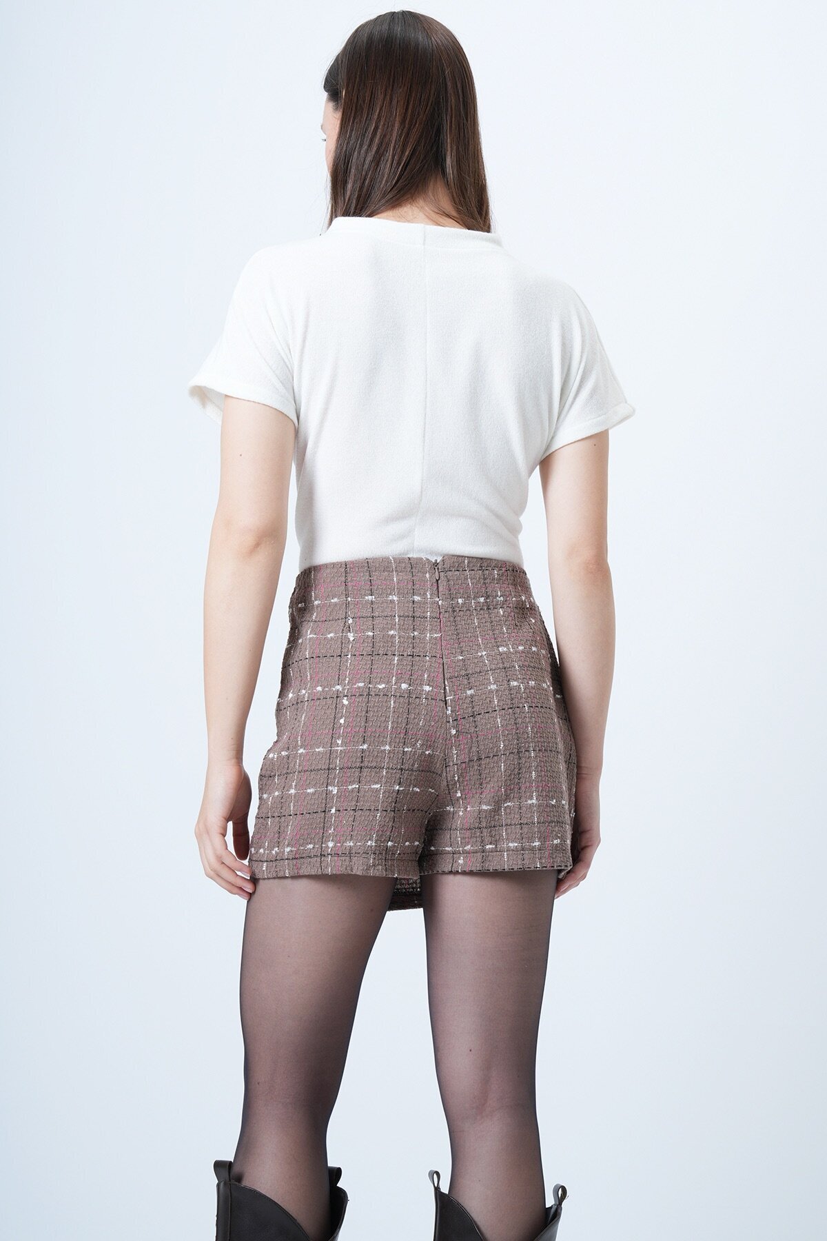 Ekose Desenli Tweed Şort Etek