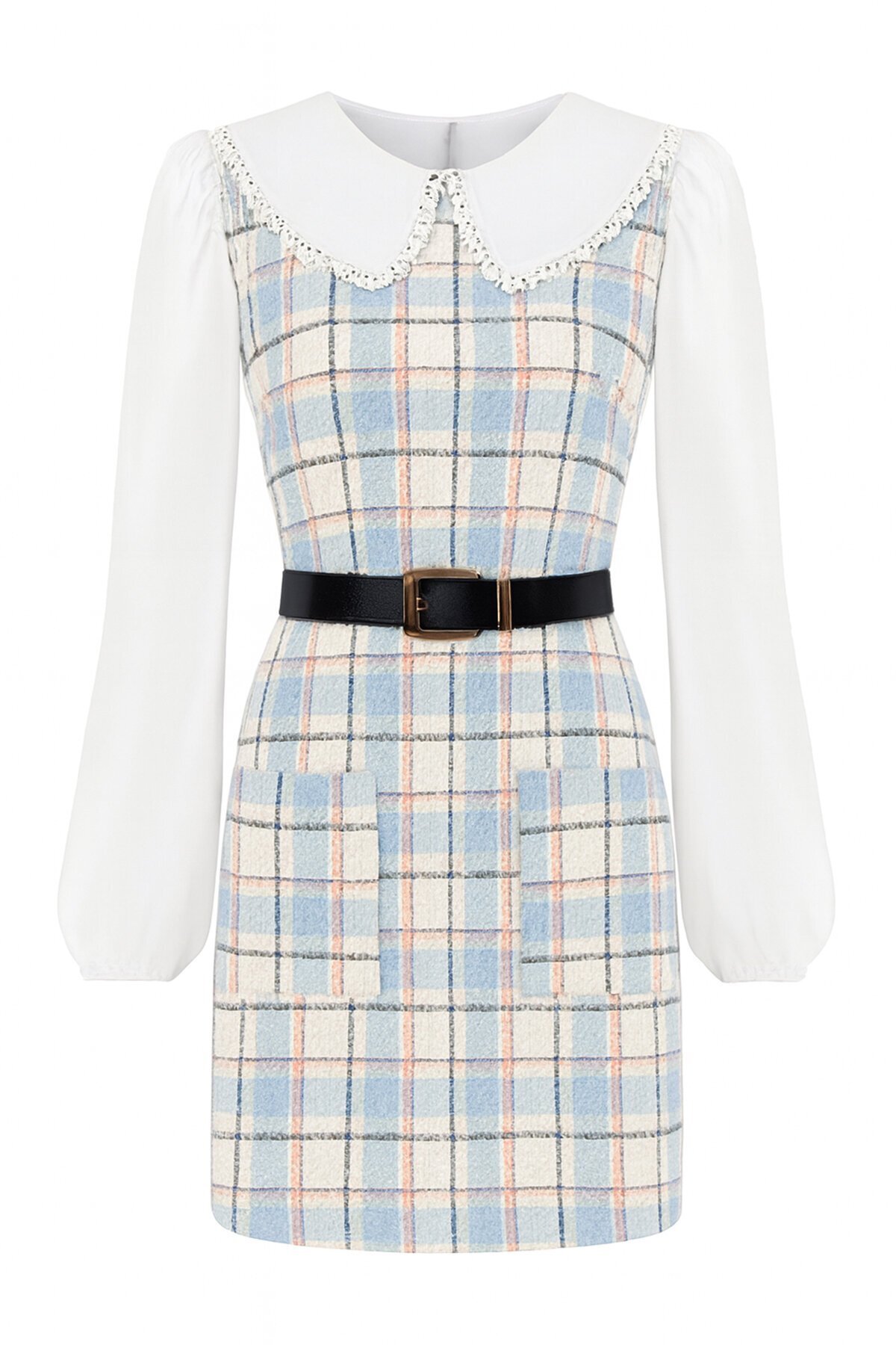 Ekoseli Bebe Yaka Mini Boy Kemerli Elbise