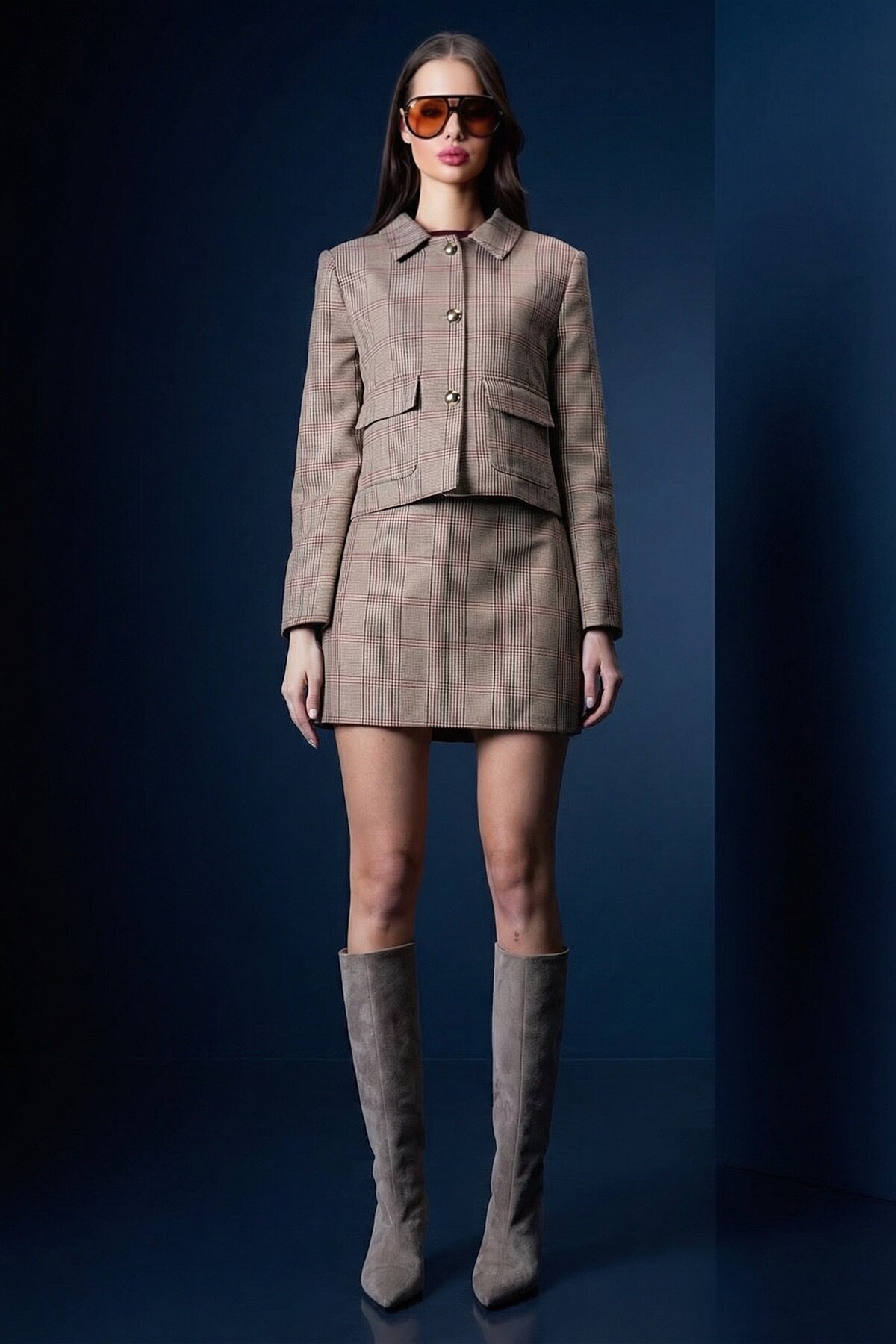 Bej Ekoseli Kısa Blazer Ceket