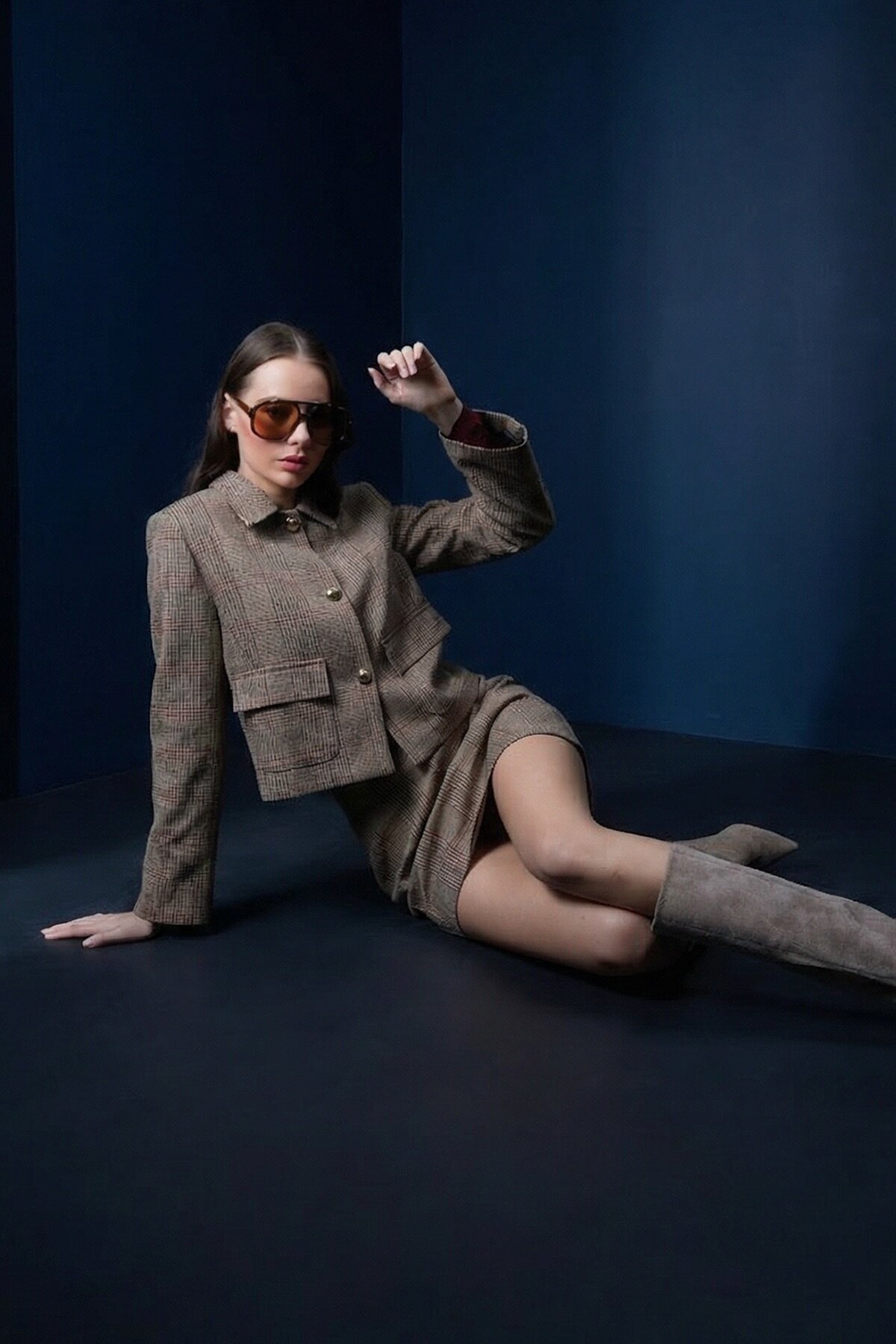 Bej Ekoseli Kısa Blazer Ceket