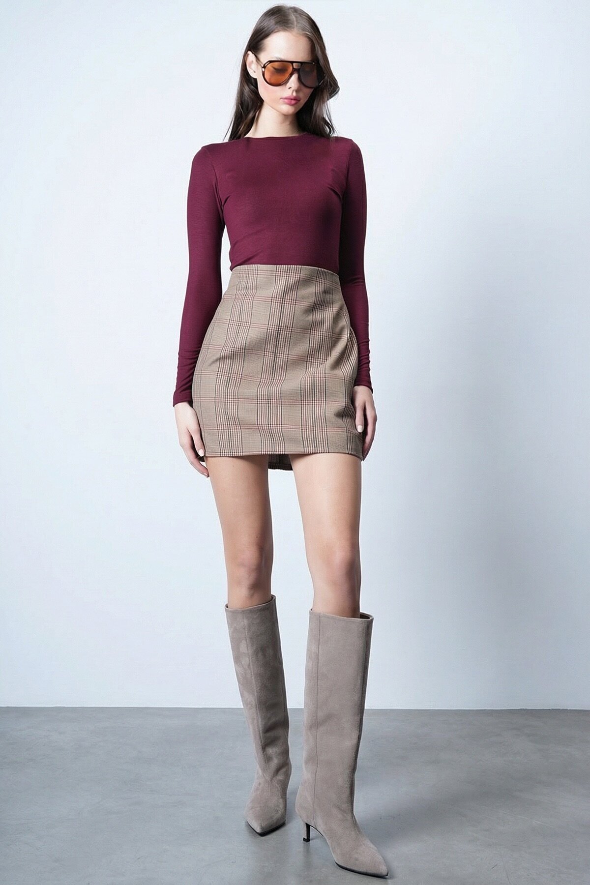 Bej Ekoseli Mini Etek