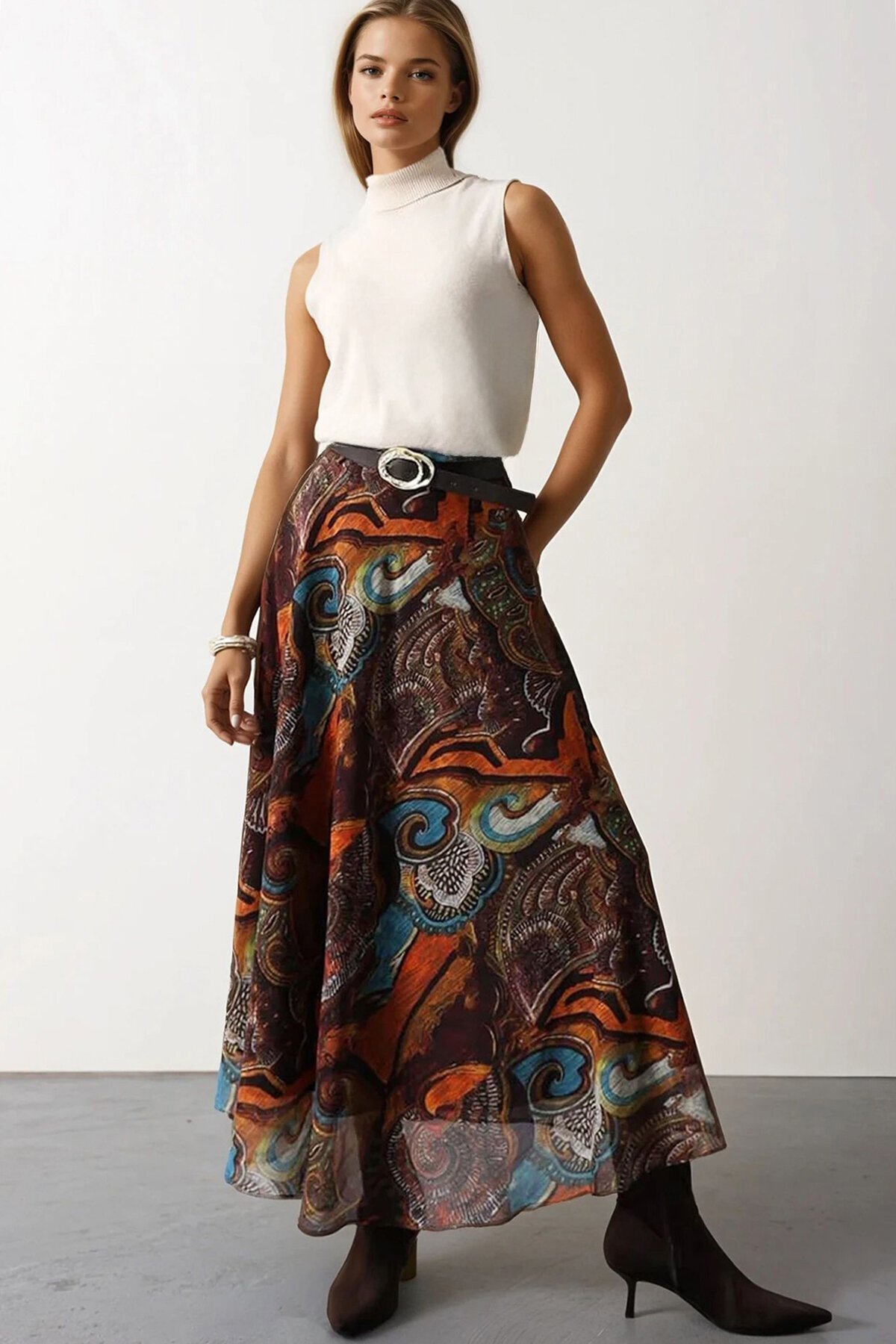 Etnik Desenli Fermuar Kapamalı Kemerli Etek
