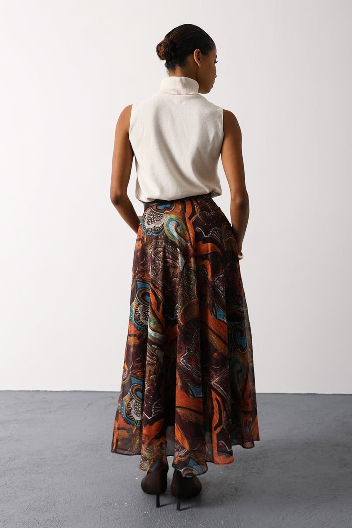 Etnik Desenli Fermuar Kapamalı Kemerli Etek