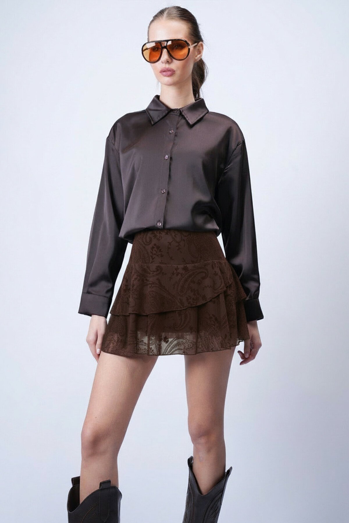 Fermuar Kapamalı Astarlı Flok Baskılı Tül Mini Etek