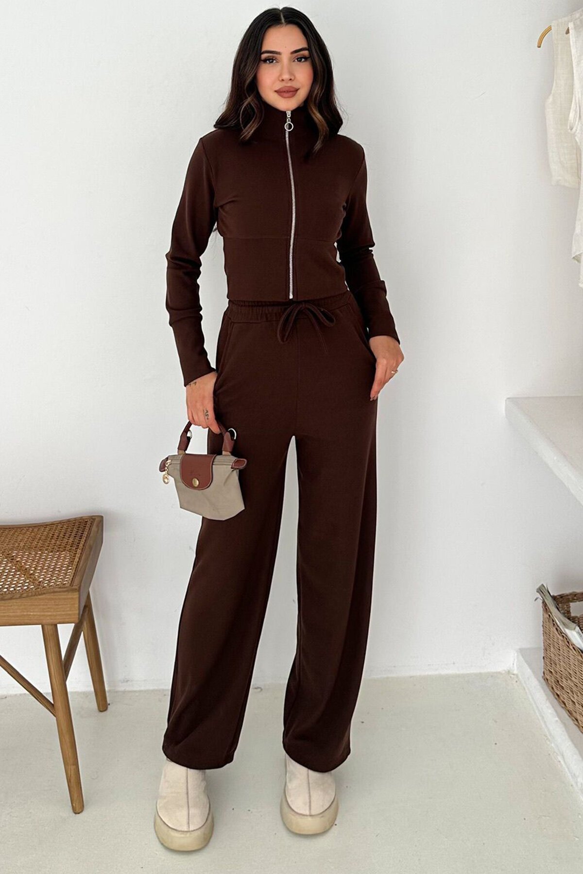Fermuar Kapamalı Crop Sweat Ve Geniş Paça Eşofman Takım