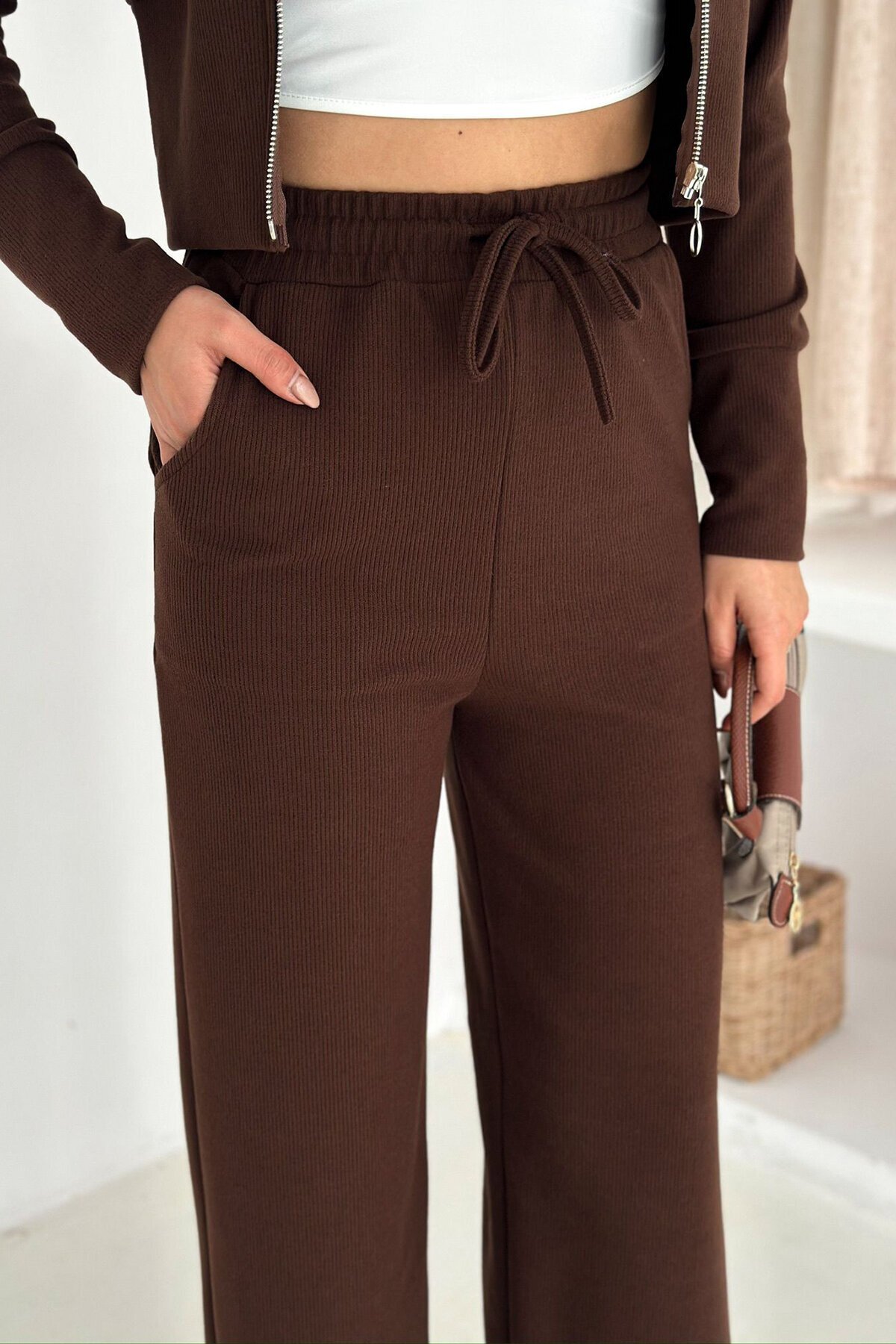 Fermuar Kapamalı Crop Sweat Ve Geniş Paça Eşofman Takım