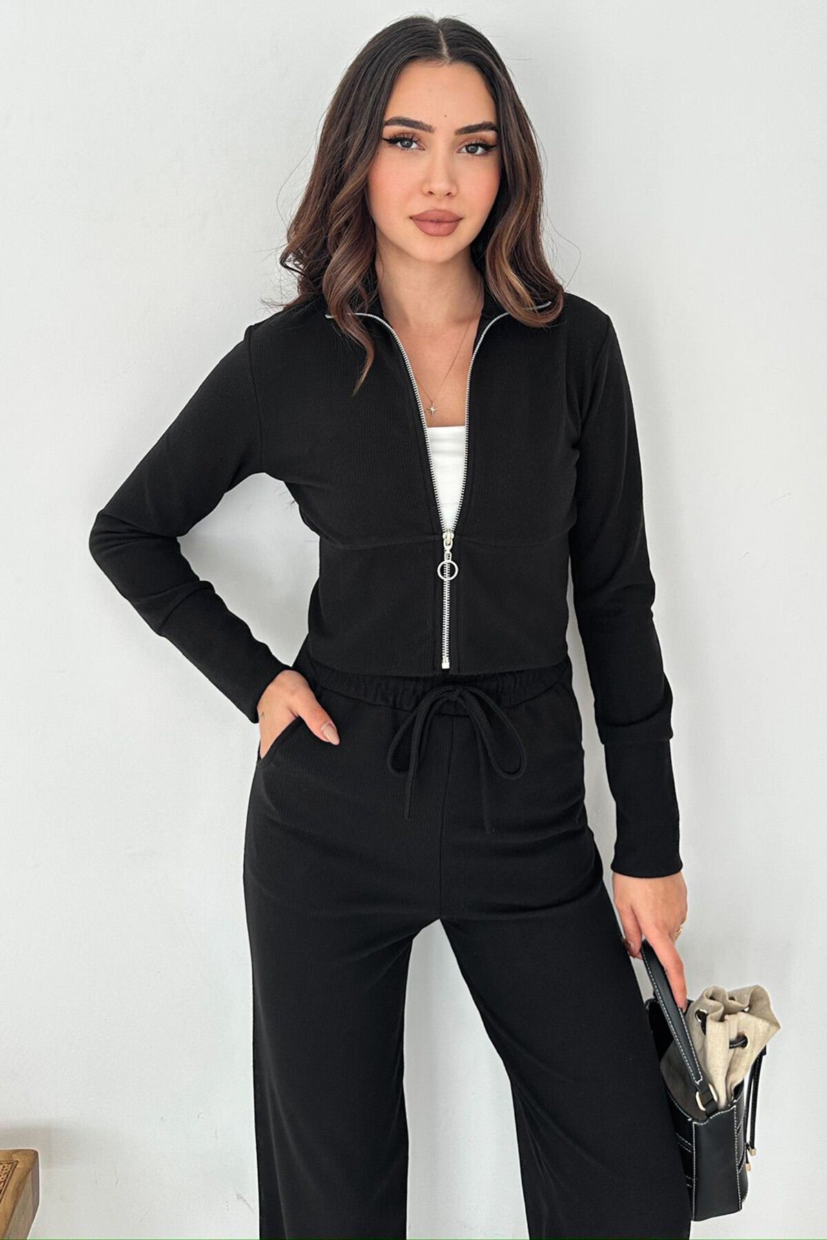 Fermuar Kapamalı Crop Sweat Ve Geniş Paça Eşofman Takım