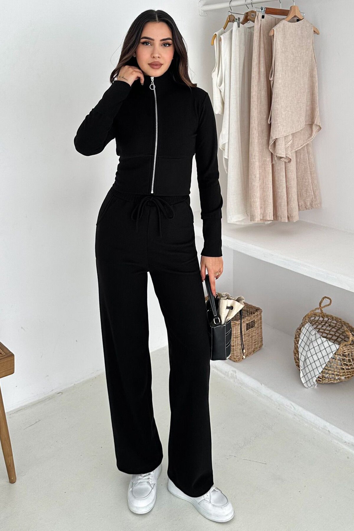 Fermuar Kapamalı Crop Sweat Ve Geniş Paça Eşofman Takım