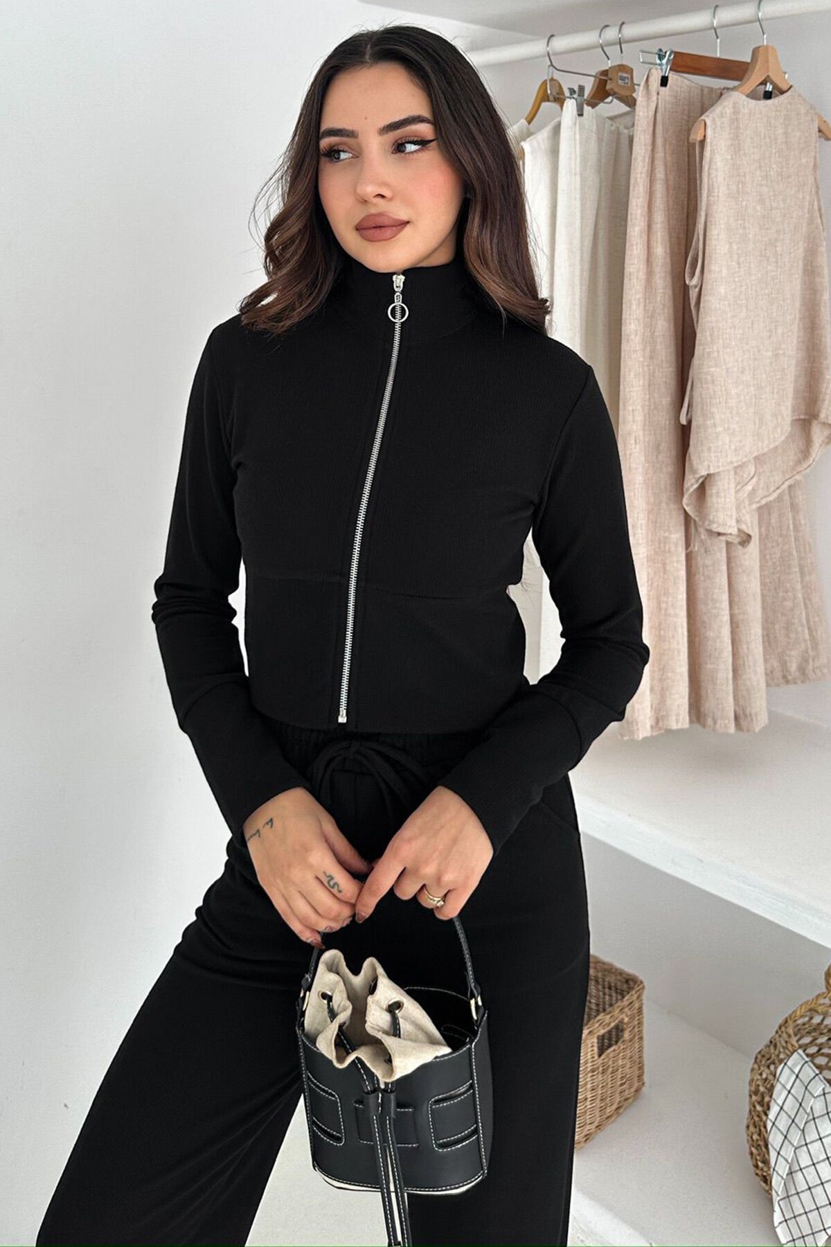 Fermuar Kapamalı Crop Sweat Ve Geniş Paça Eşofman Takım