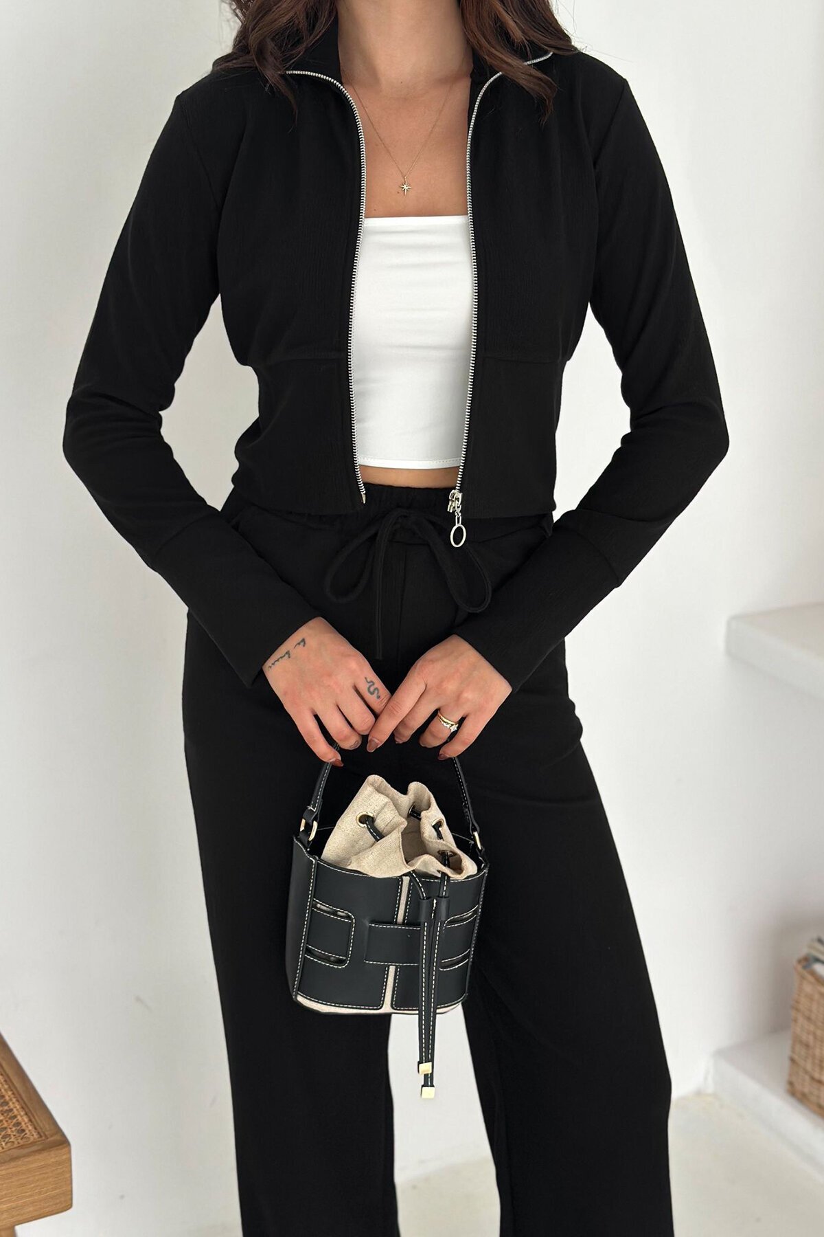 Fermuar Kapamalı Crop Sweat Ve Geniş Paça Eşofman Takım