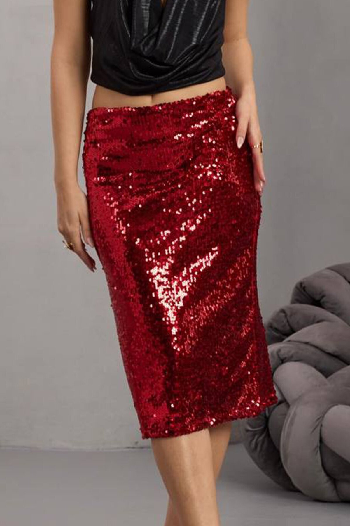 Fermuar Kapamalı Payetli Midi Etek