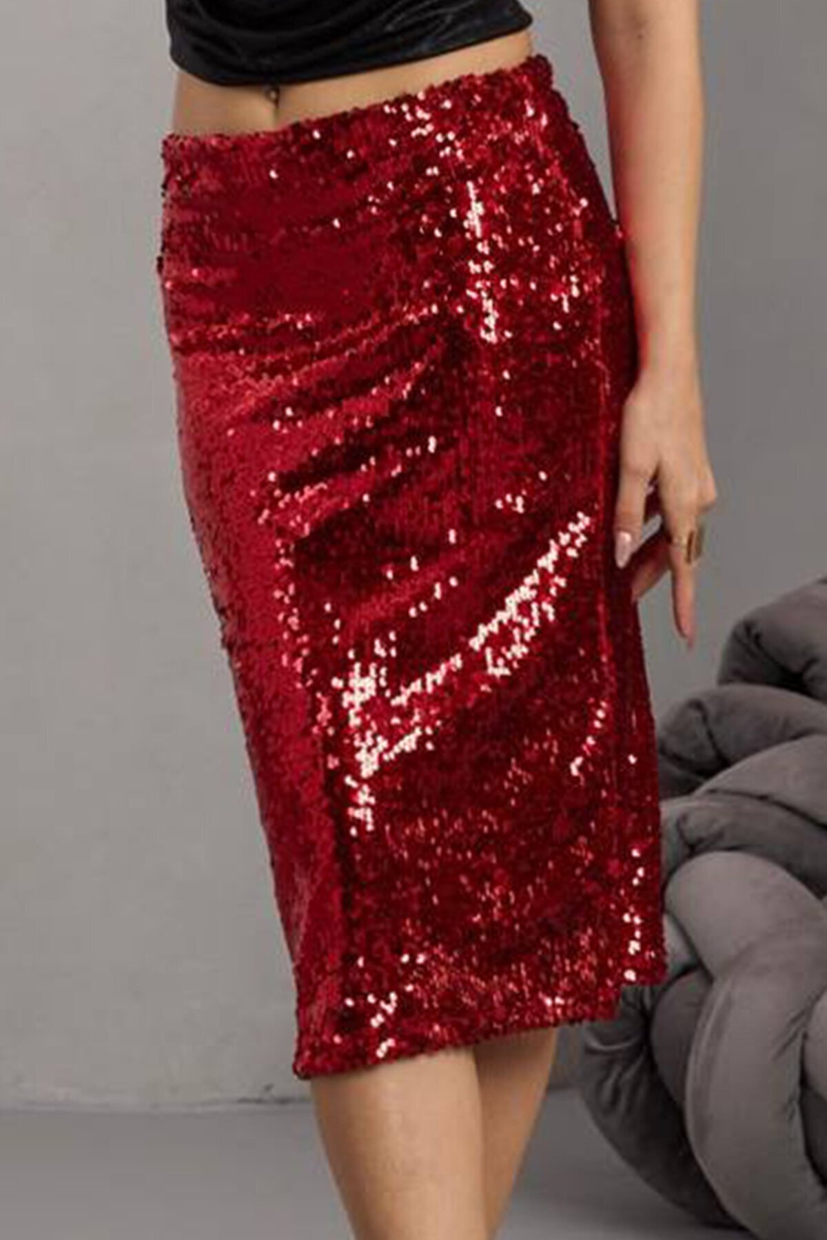 Fermuar Kapamalı Payetli Midi Etek