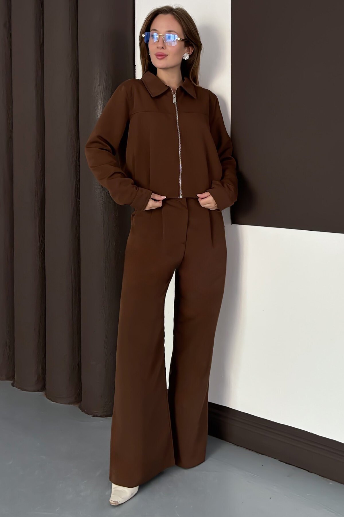 Fermuar Kapamalı Astarlı Ceket Bol Paça Pantolon Takım