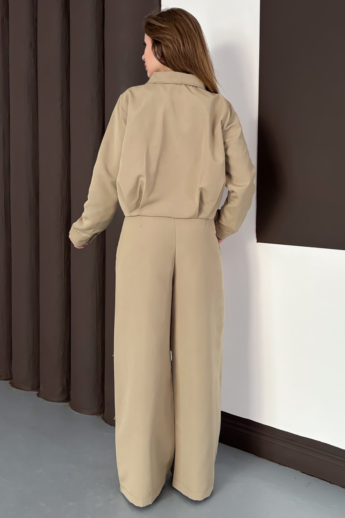 Fermuar Kapamalı Astarlı Ceket Bol Paça Pantolon Takım