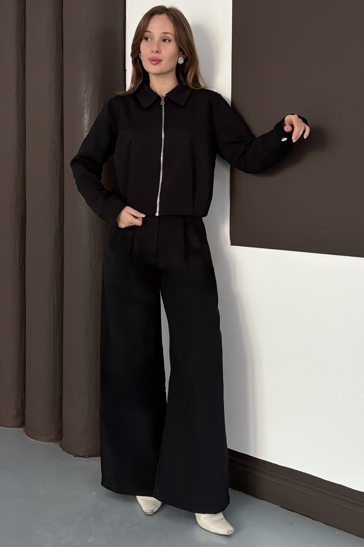 Fermuar Kapamalı Astarlı Ceket Bol Paça Pantolon Takım