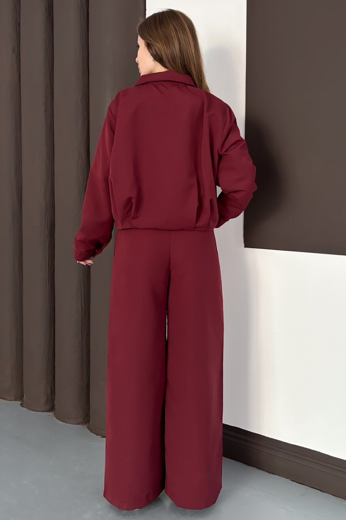 Fermuar Kapamalı Astarlı Ceket Bol Paça Pantolon Takım