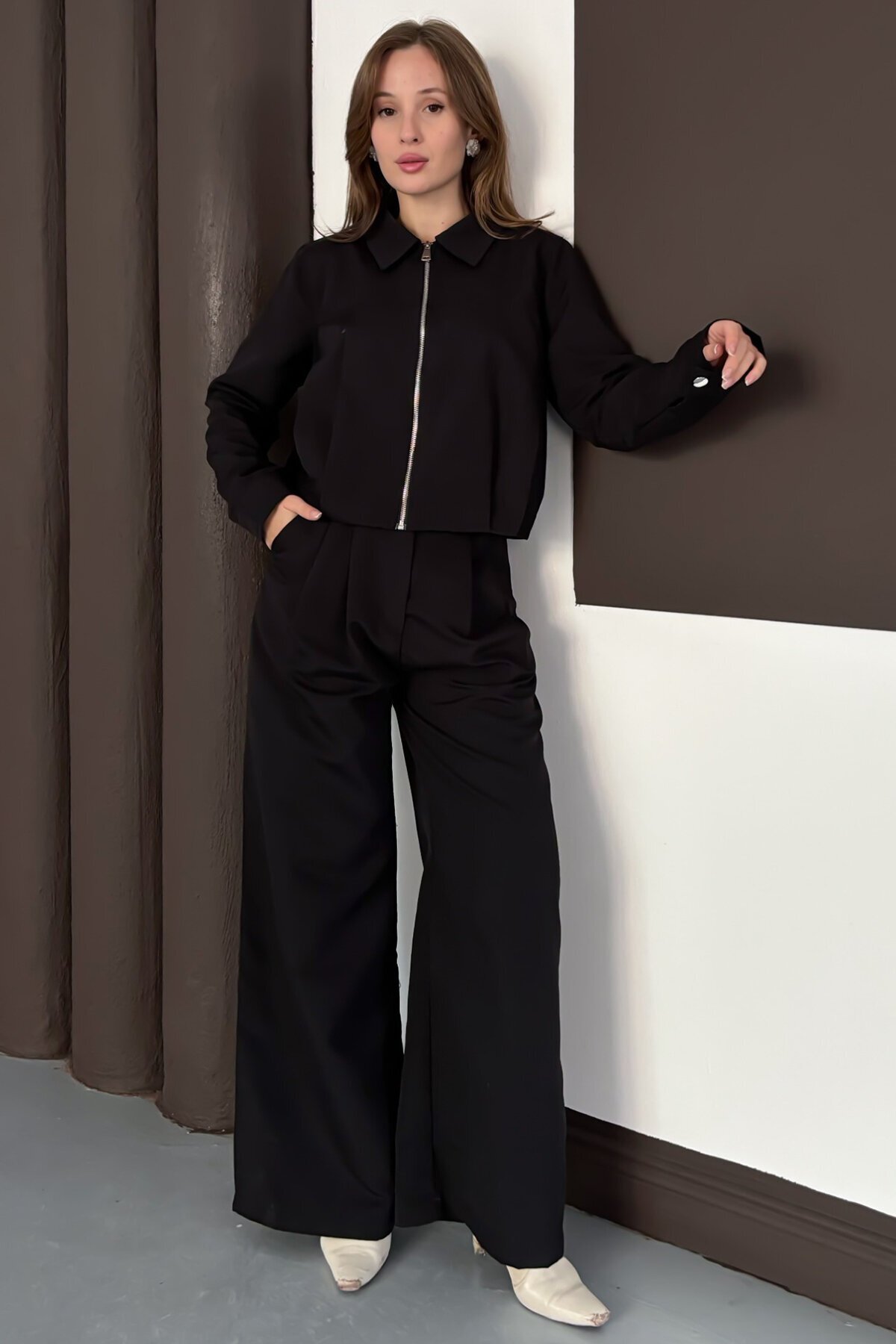 Fermuar Kapamalı Astarlı Ceket Bol Paça Pantolon Takım