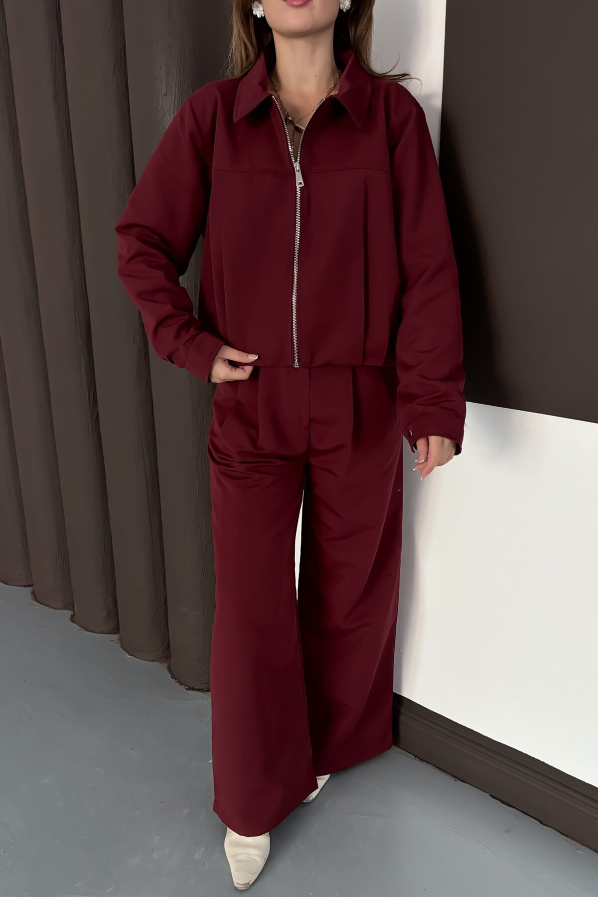 Fermuar Kapamalı Astarlı Ceket Bol Paça Pantolon Takım