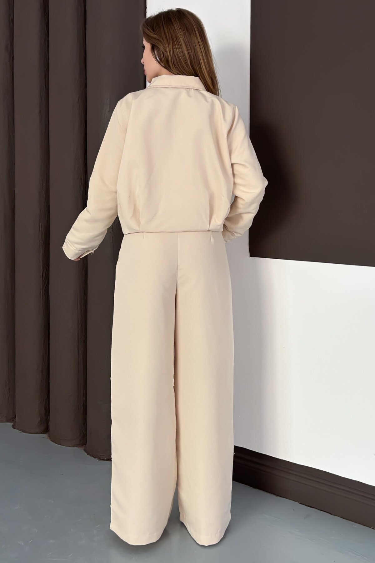 Fermuar Kapamalı Astarlı Ceket Bol Paça Pantolon Takım