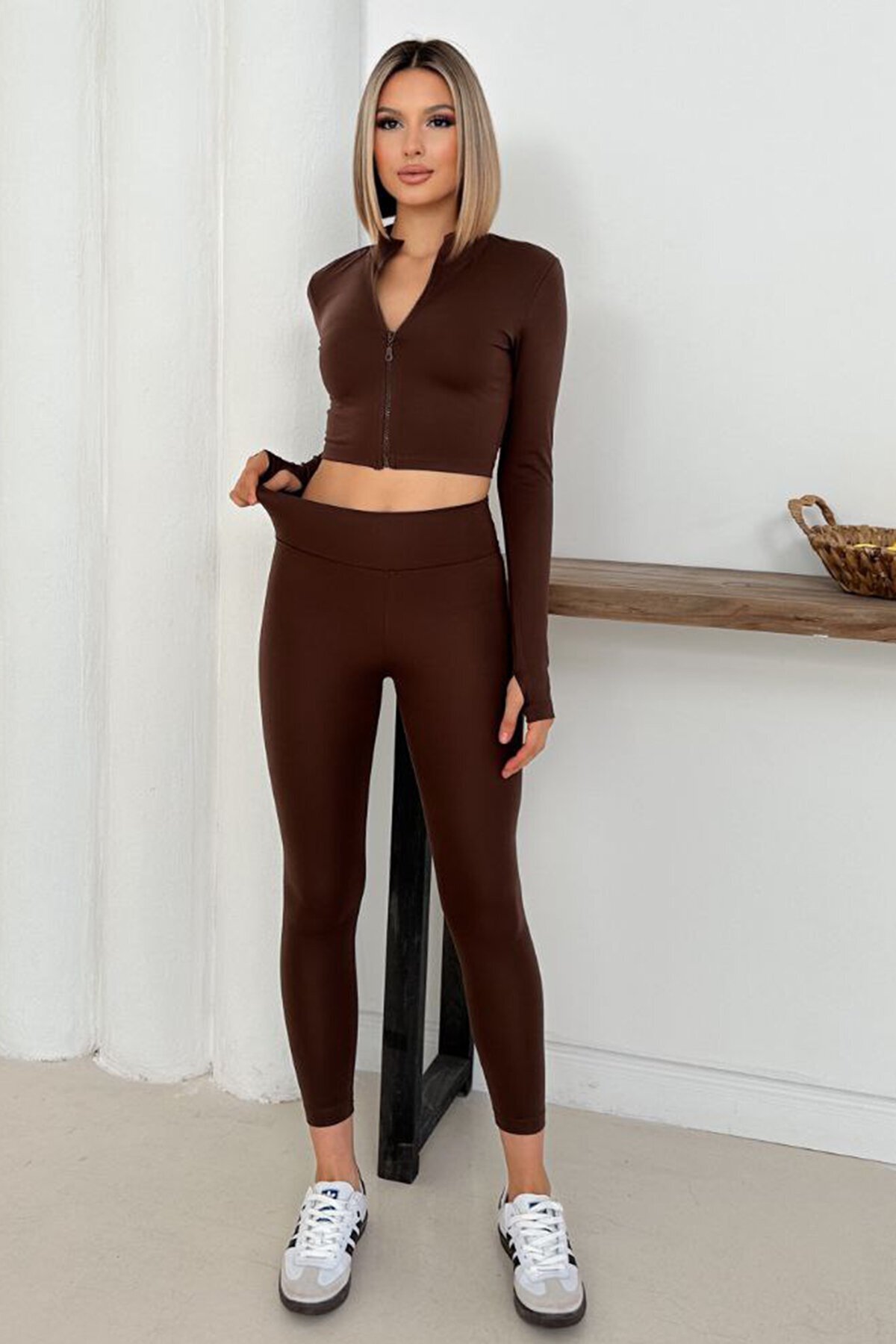 Fermuarlı Crop Üst Ve Yüksek Bel Tayt Takım