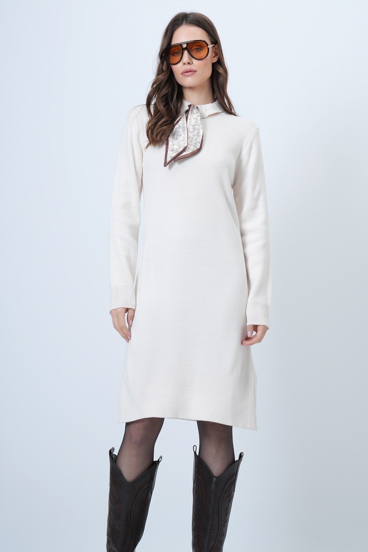 Fularlı Gömlek Yaka Mini Boy Elbise