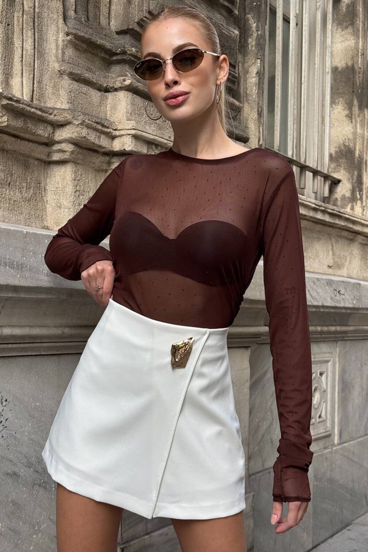 Gold Aksesuarlı Fermuar Kapamalı Dokuma Şort Etek