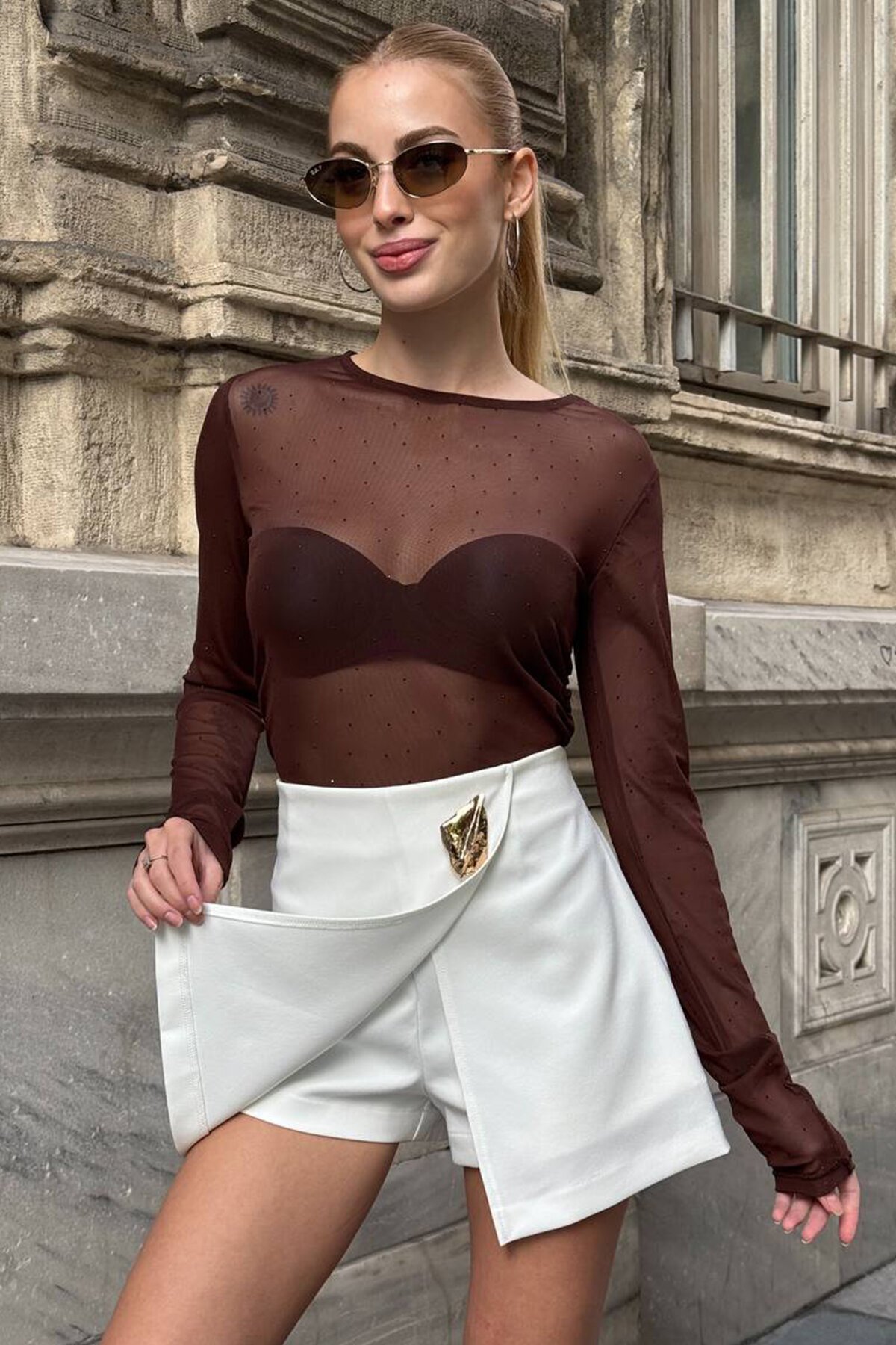 Gold Aksesuarlı Fermuar Kapamalı Dokuma Şort Etek