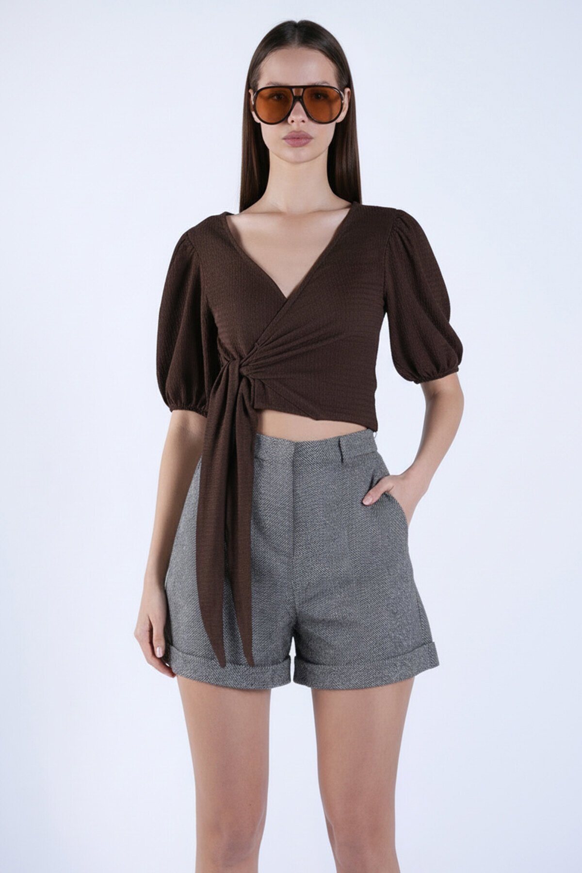 Gri Duble Paça Çift Cepli Kışlık Kaşe Şort