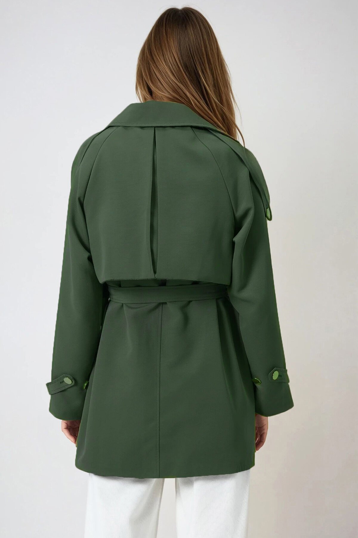 Haki Çift Cepli  Astarlı Kemerli Omuzu Ve Beli Apoletli Trençkot
