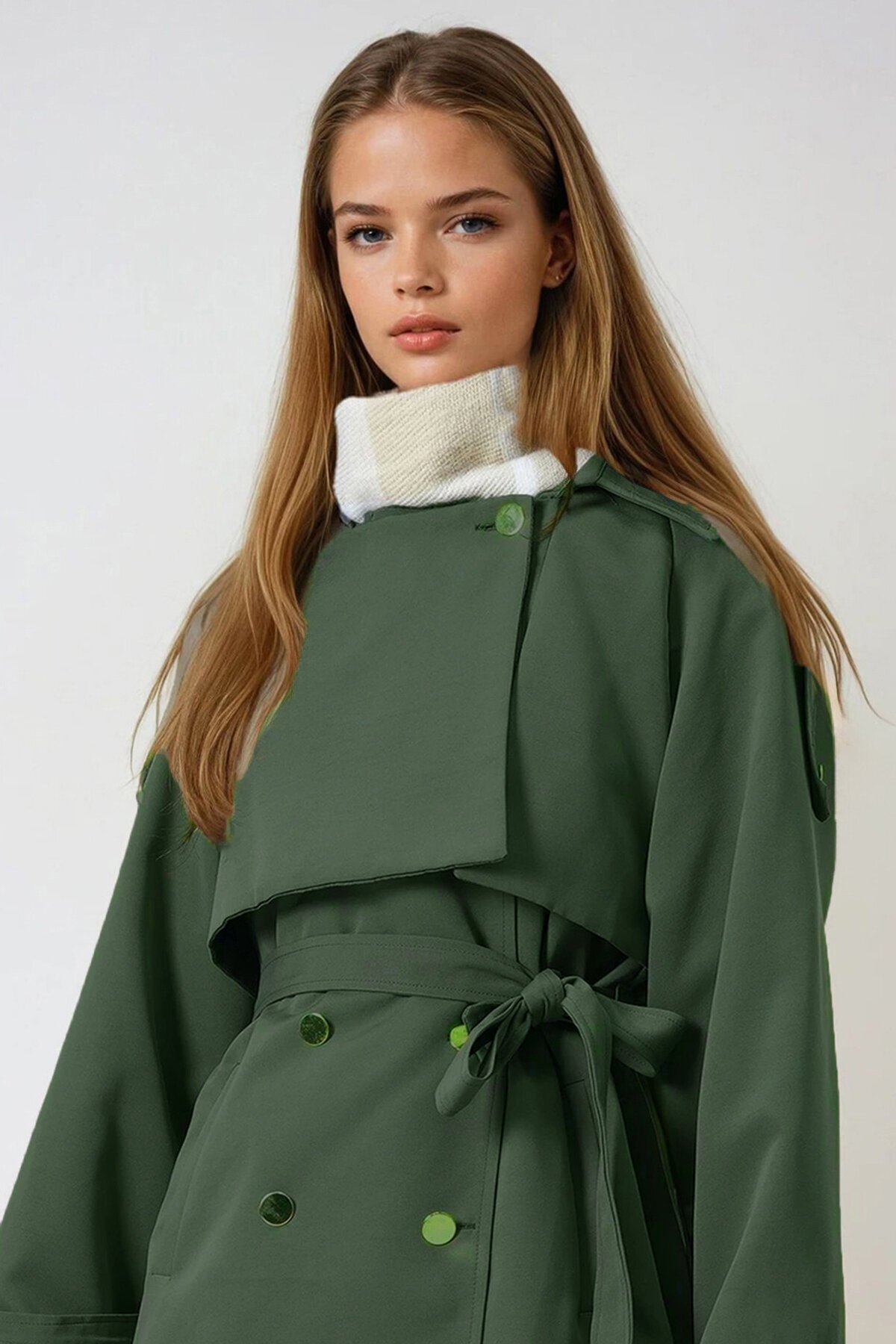 Haki Çift Cepli  Astarlı Kemerli Omuzu Ve Beli Apoletli Trençkot