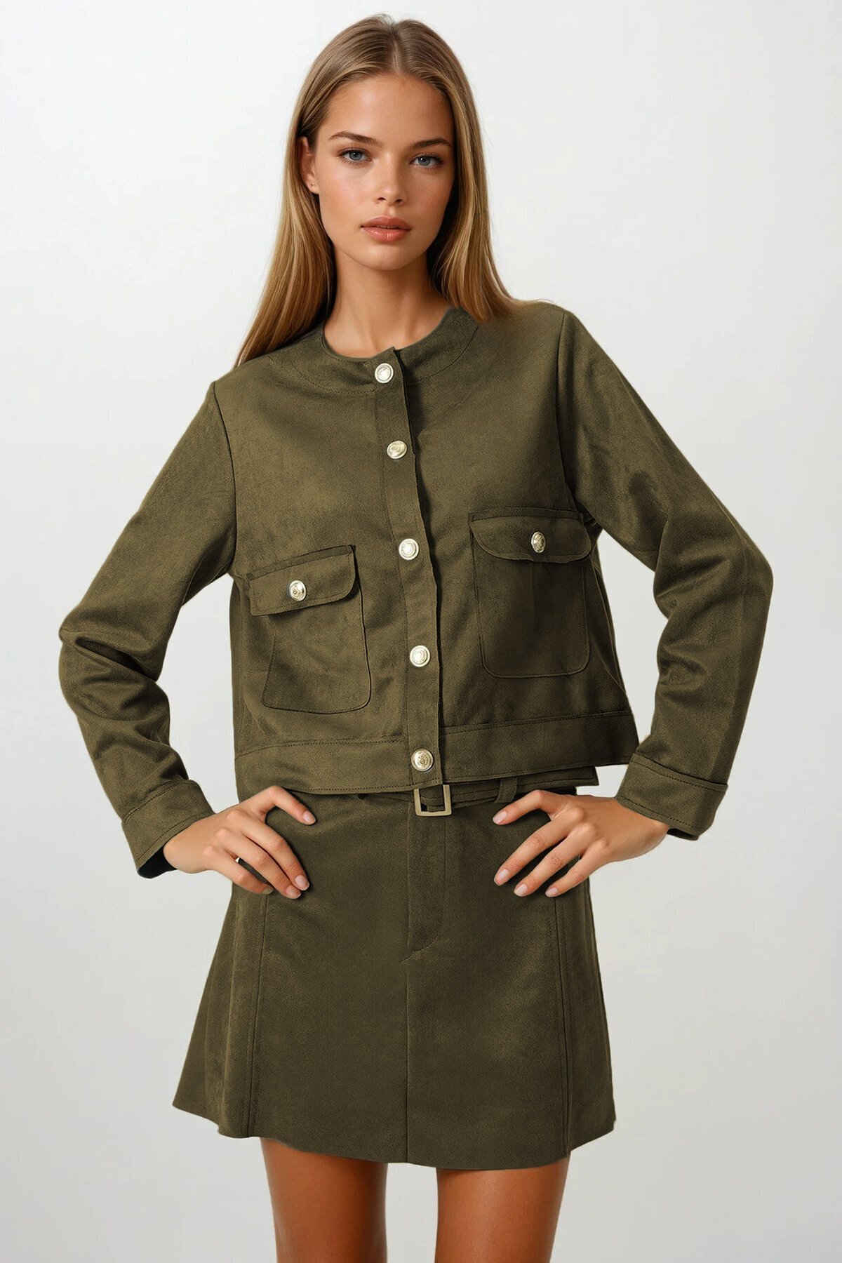 Haki Çift Kapak Cepli Altın Düğmeli Kısa Ceket