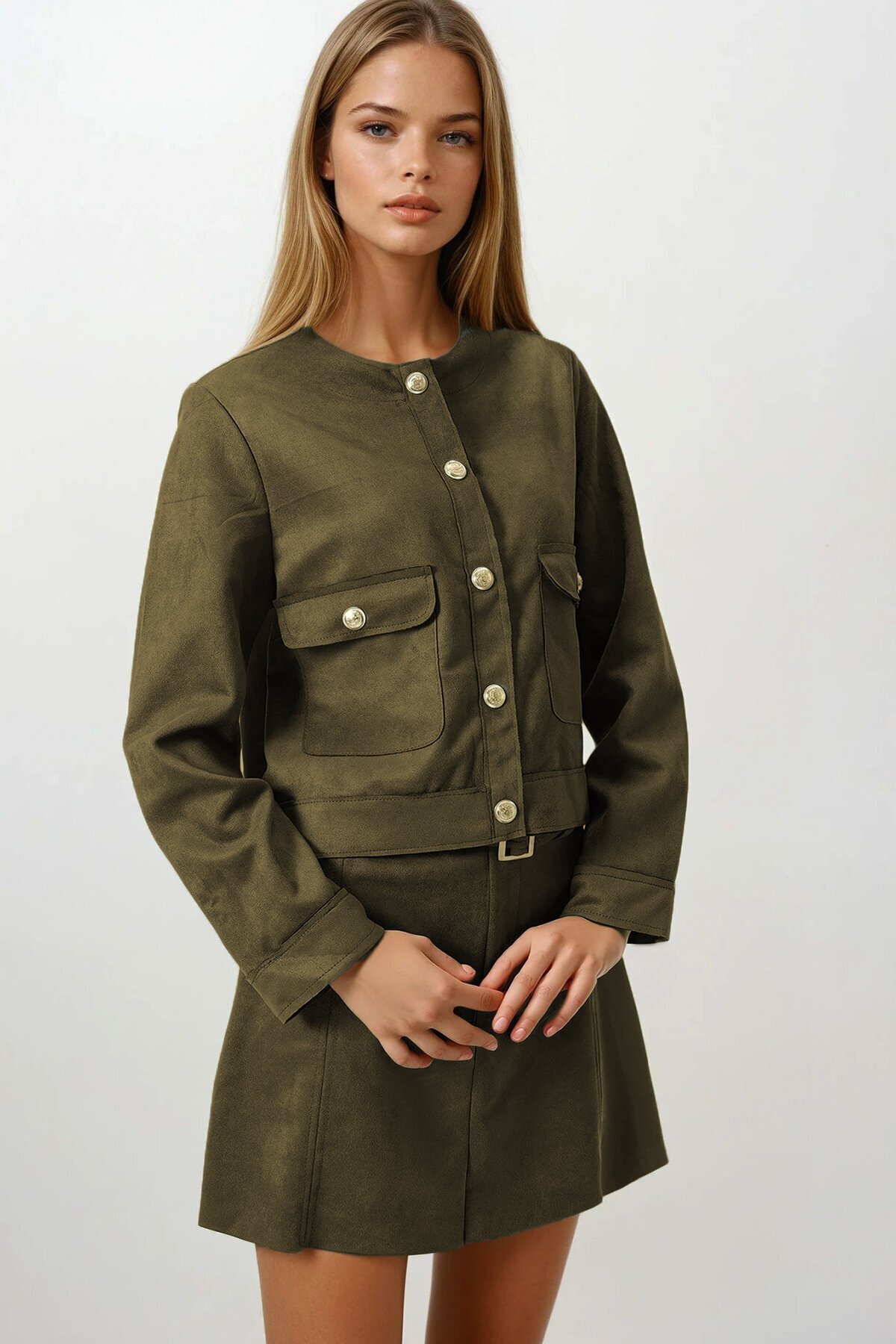 Haki Çift Kapak Cepli Altın Düğmeli Kısa Ceket