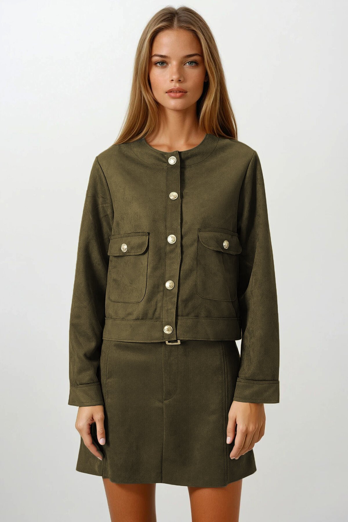 Haki Çift Kapak Cepli Altın Düğmeli Kısa Ceket