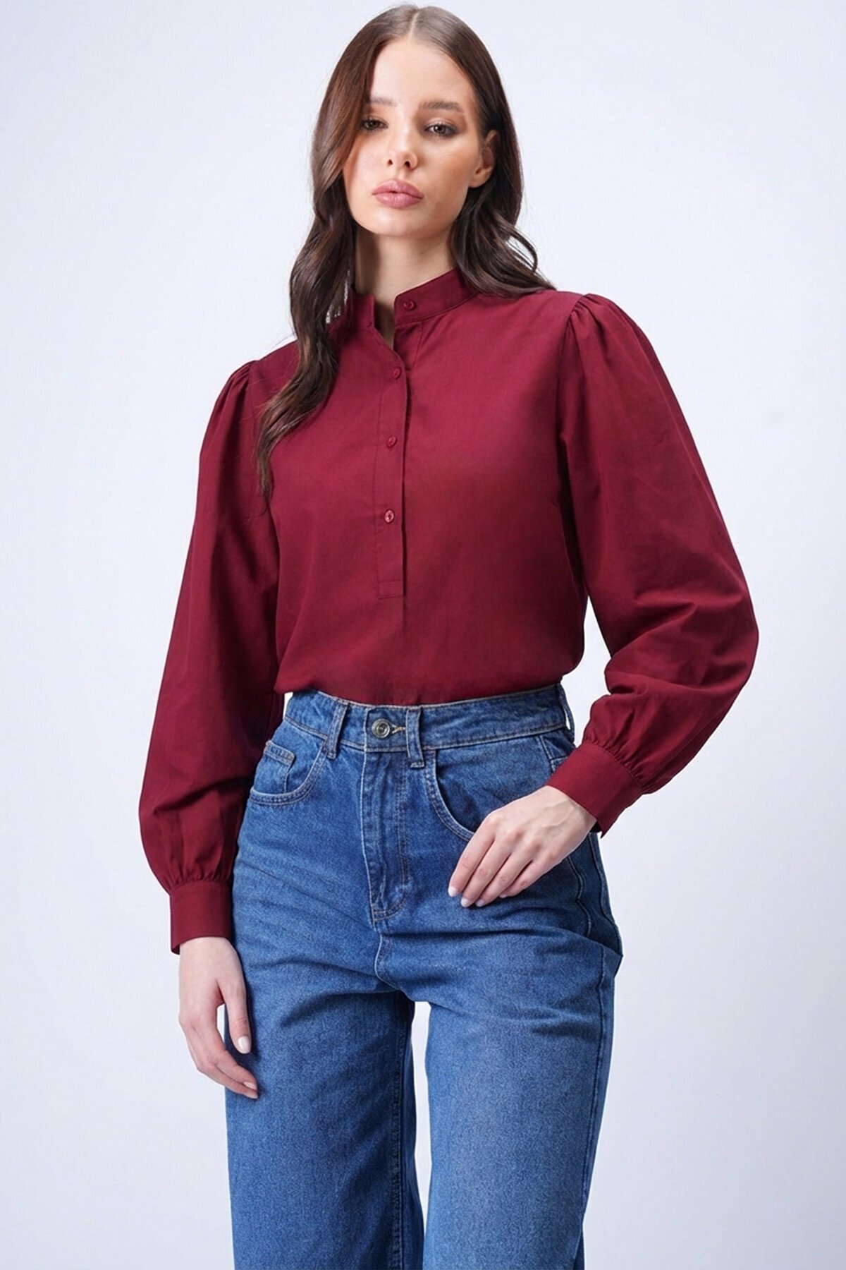 Bordo Hakim Yaka Önü Düğmeli Balon Kol Poplin Dokuma Bluz