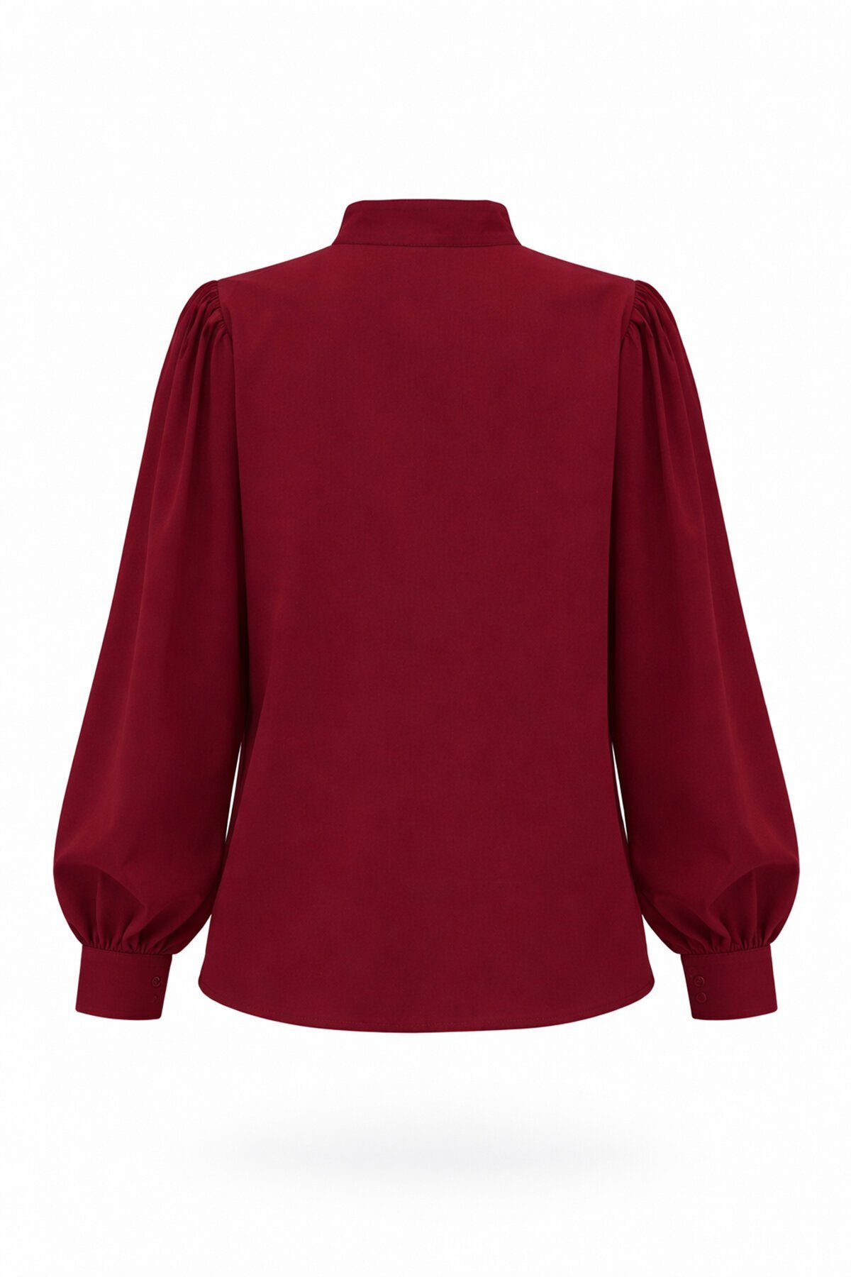 Bordo Hakim Yaka Önü Düğmeli Balon Kol Poplin Dokuma Bluz