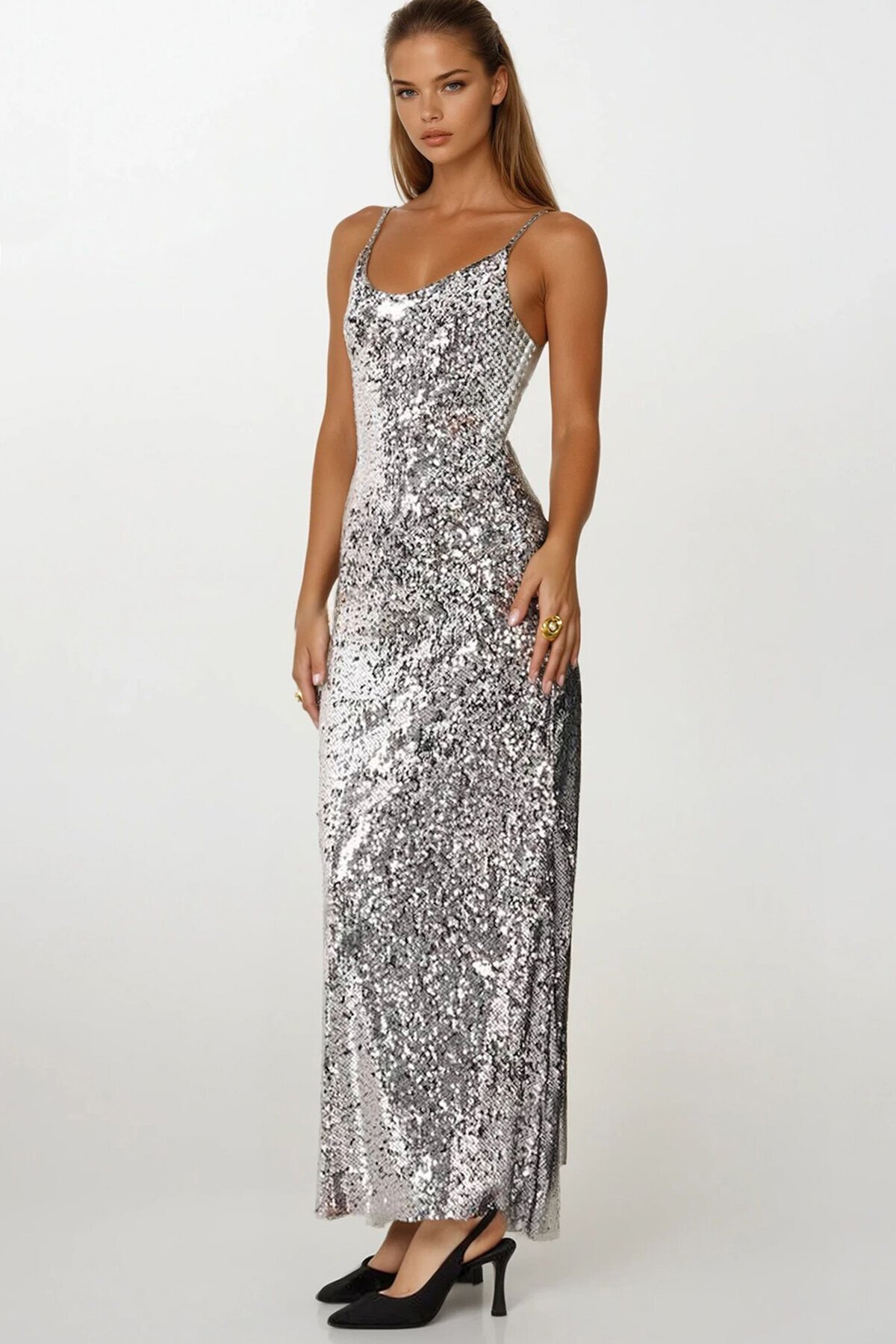 İp Askılı Sırt Dekolteli Payetli Midi Boy Etek